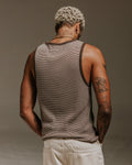 wax london men's Montague - Brown And Ecru Striped Ribbed Organic Cotton Vest