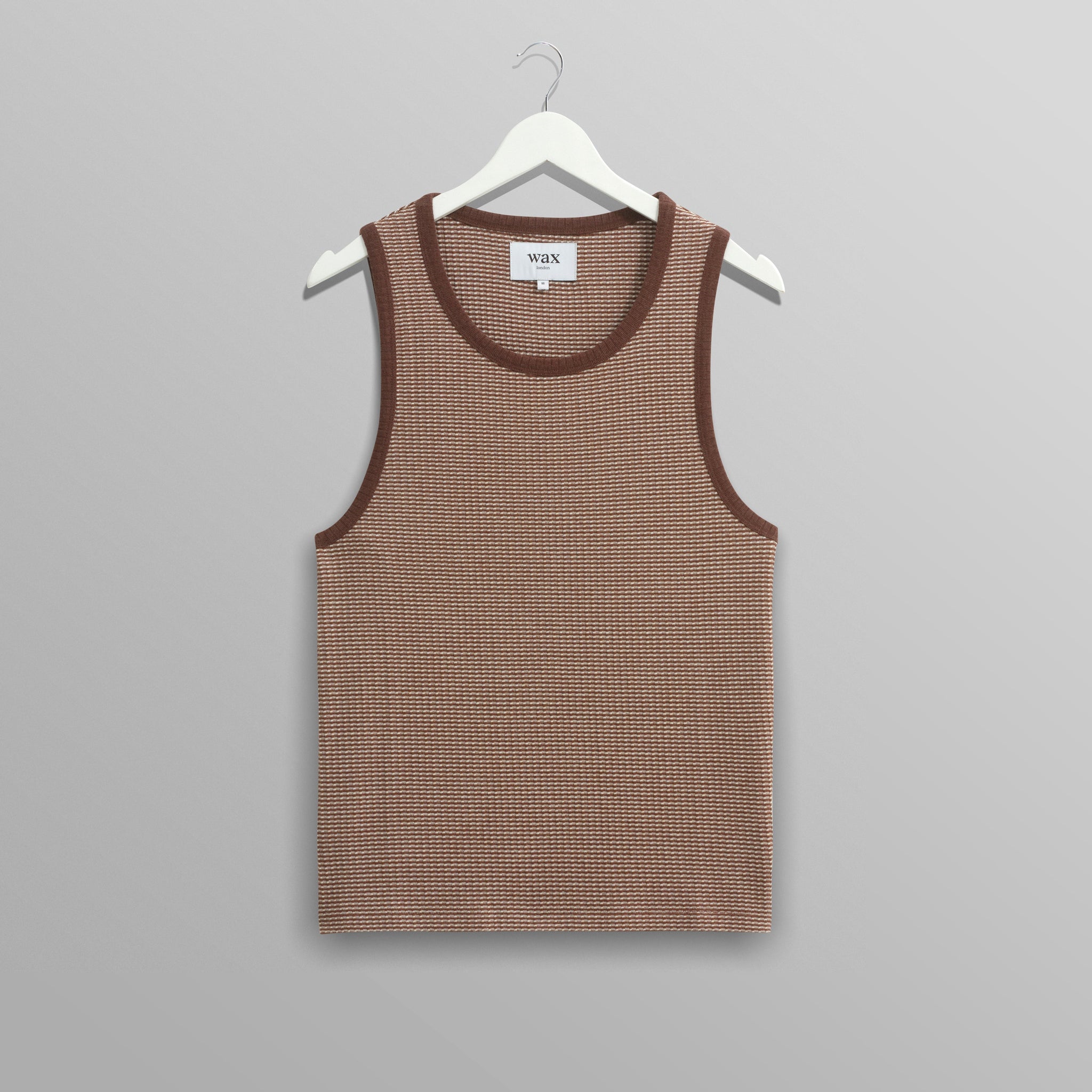 wax london men's Montague - Brown And Ecru Striped Ribbed Organic Cotton Vest