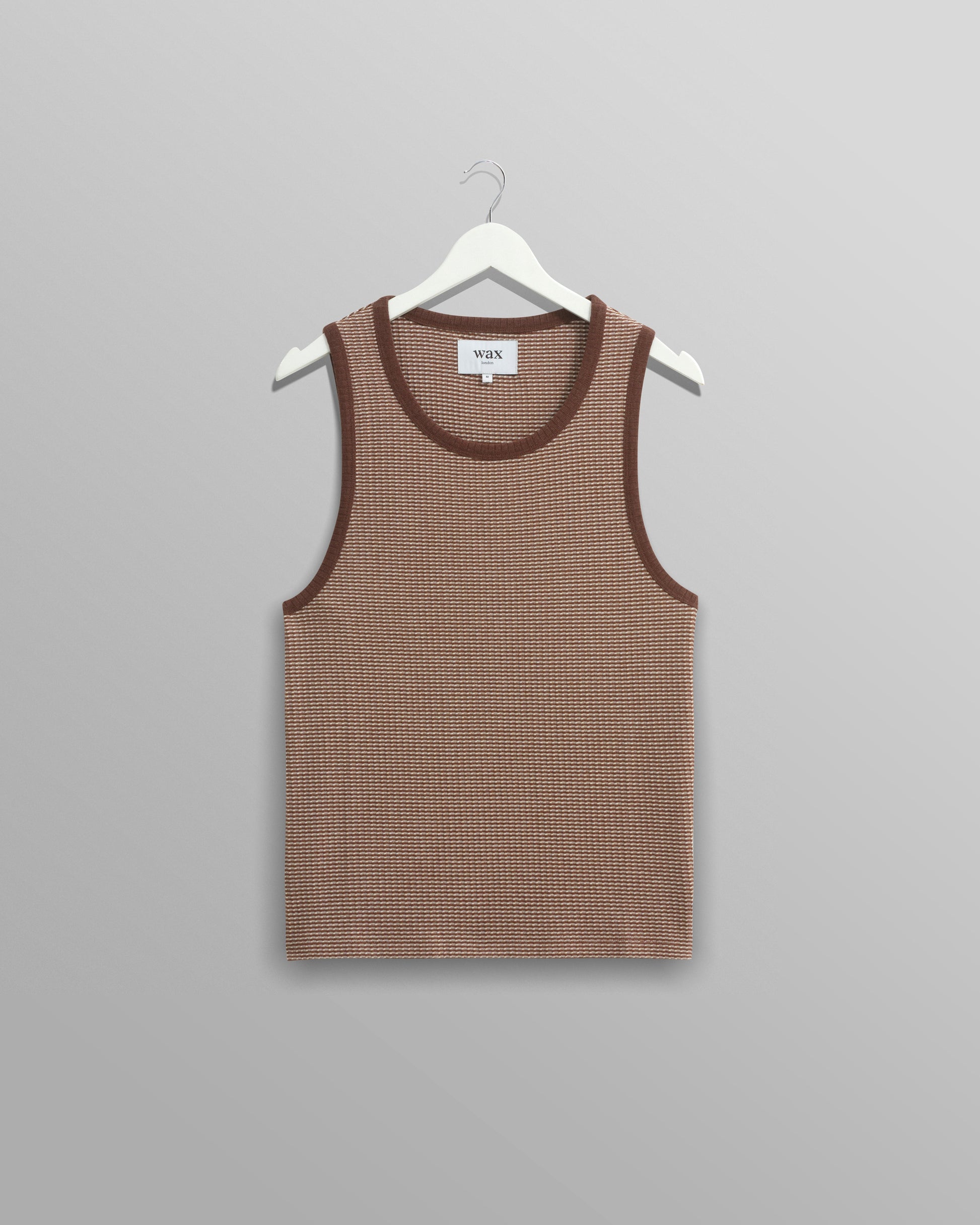 wax london men's Montague - Brown And Ecru Striped Ribbed Organic Cotton Vest
