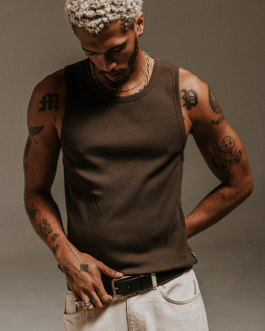 wax london men's Montague - Brown Ribbed Organic Cotton Vest