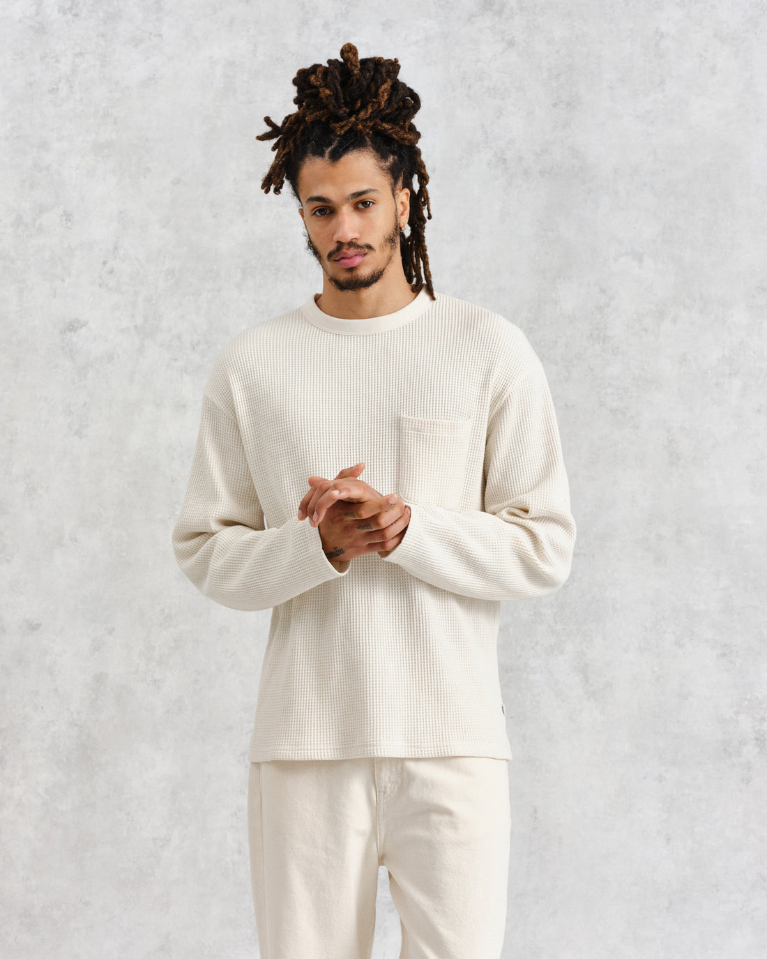wax london men's Moore - Ecru Organic Waffle Textured Cotton T-Shirt