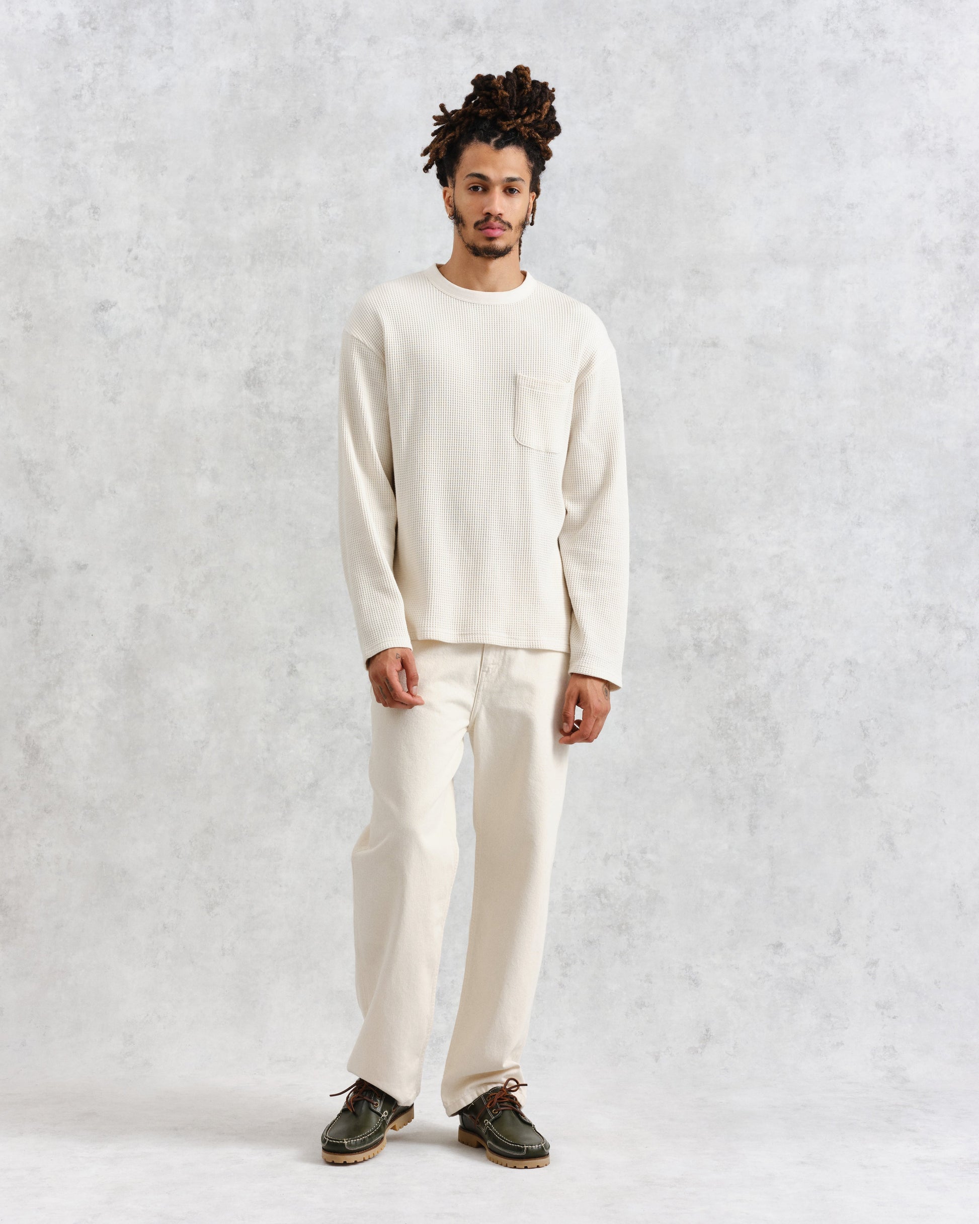 wax london men's Moore - Ecru Organic Waffle Textured Cotton T-Shirt
