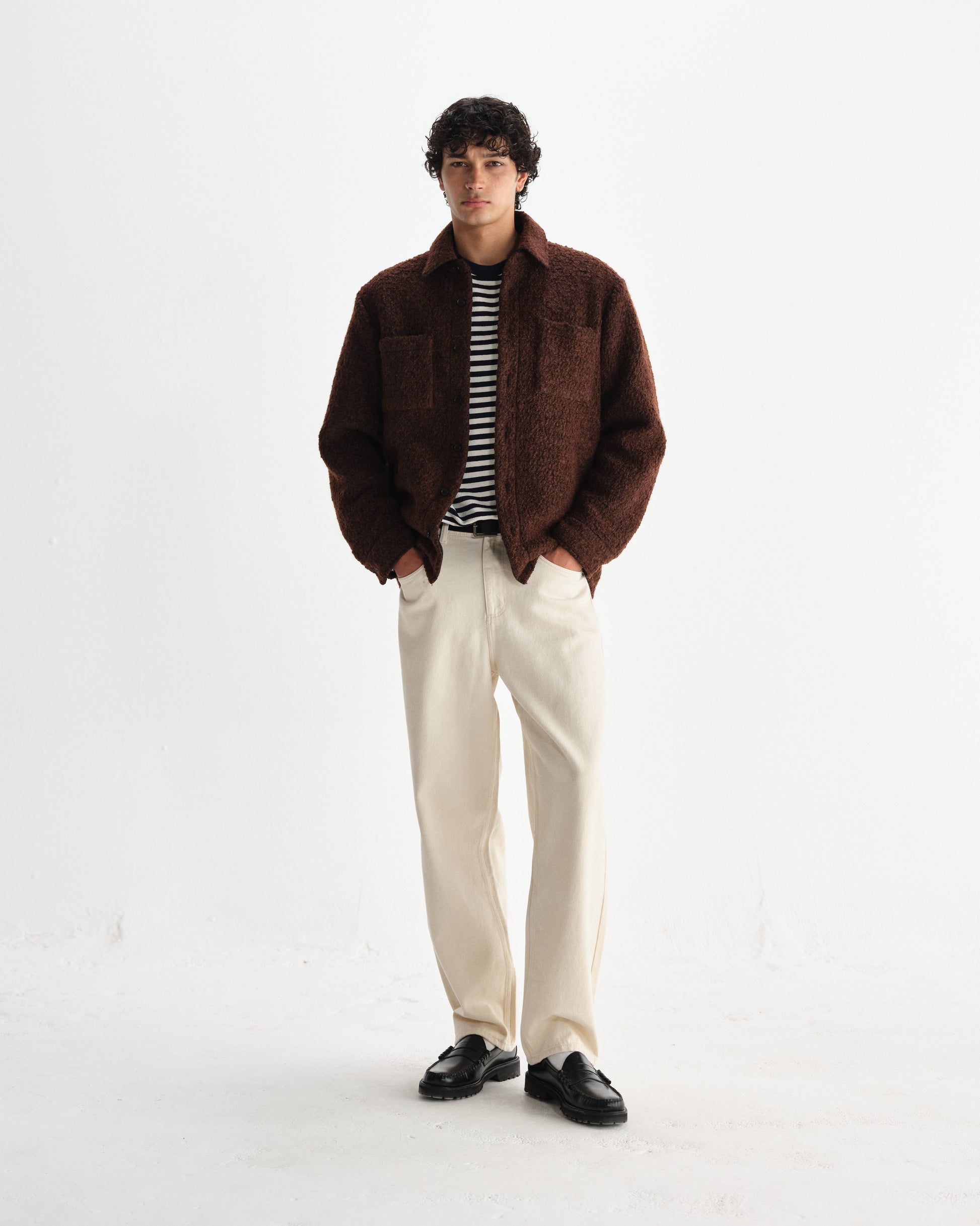 wax london men's Mount - Brown Reversible Bobble Wool Overshirt