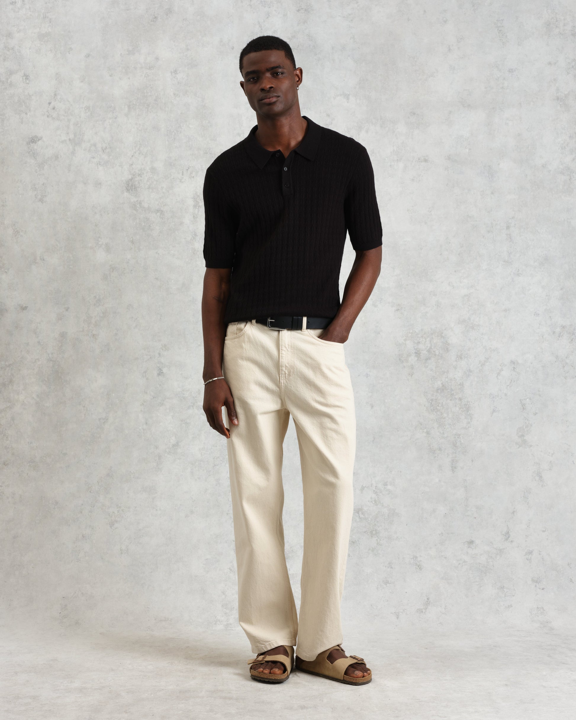 wax london men's Naples - Black Diamond Stripe Knitted Polo