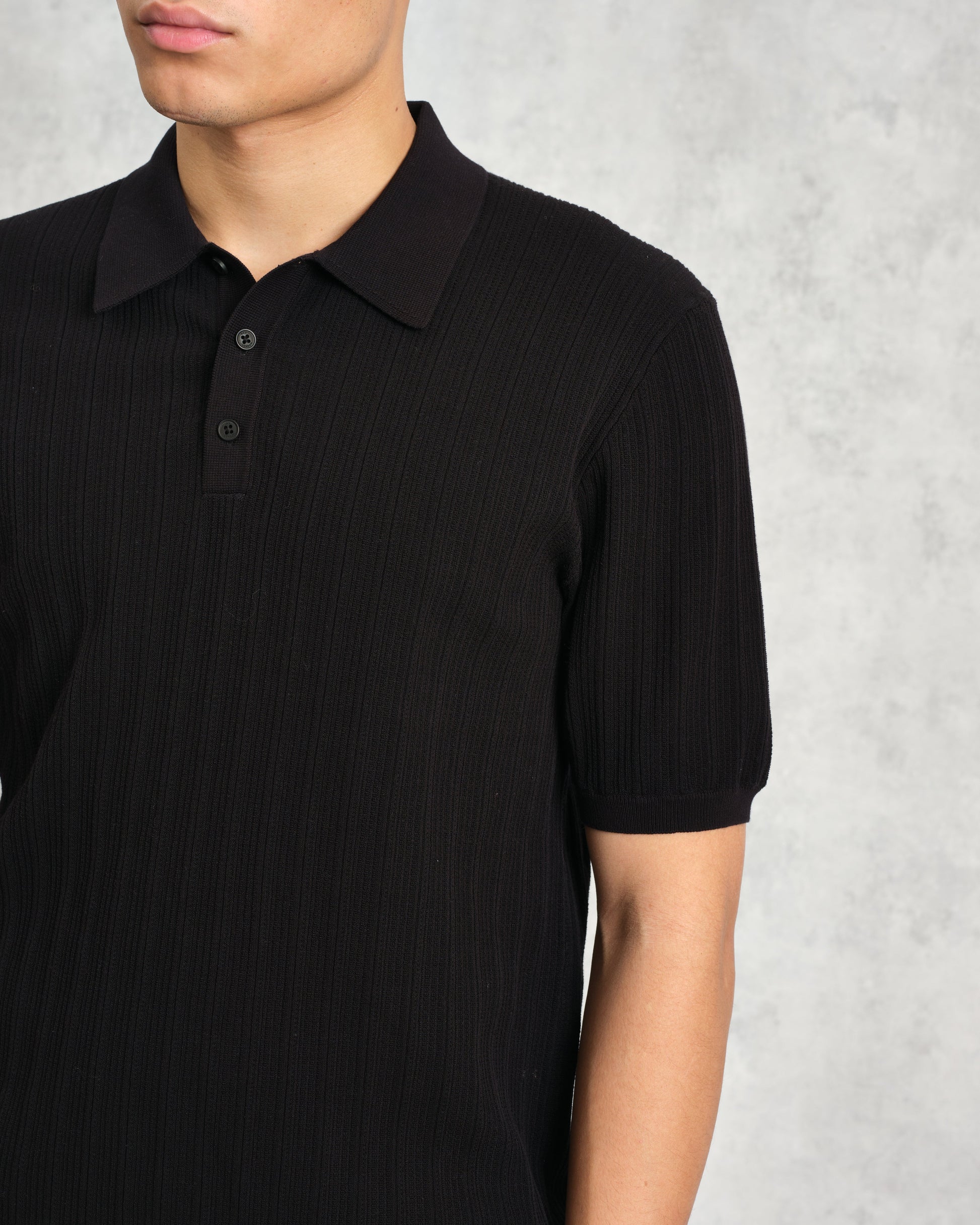 wax london men's Naples - Black Textured Knitted Polo Shirt
