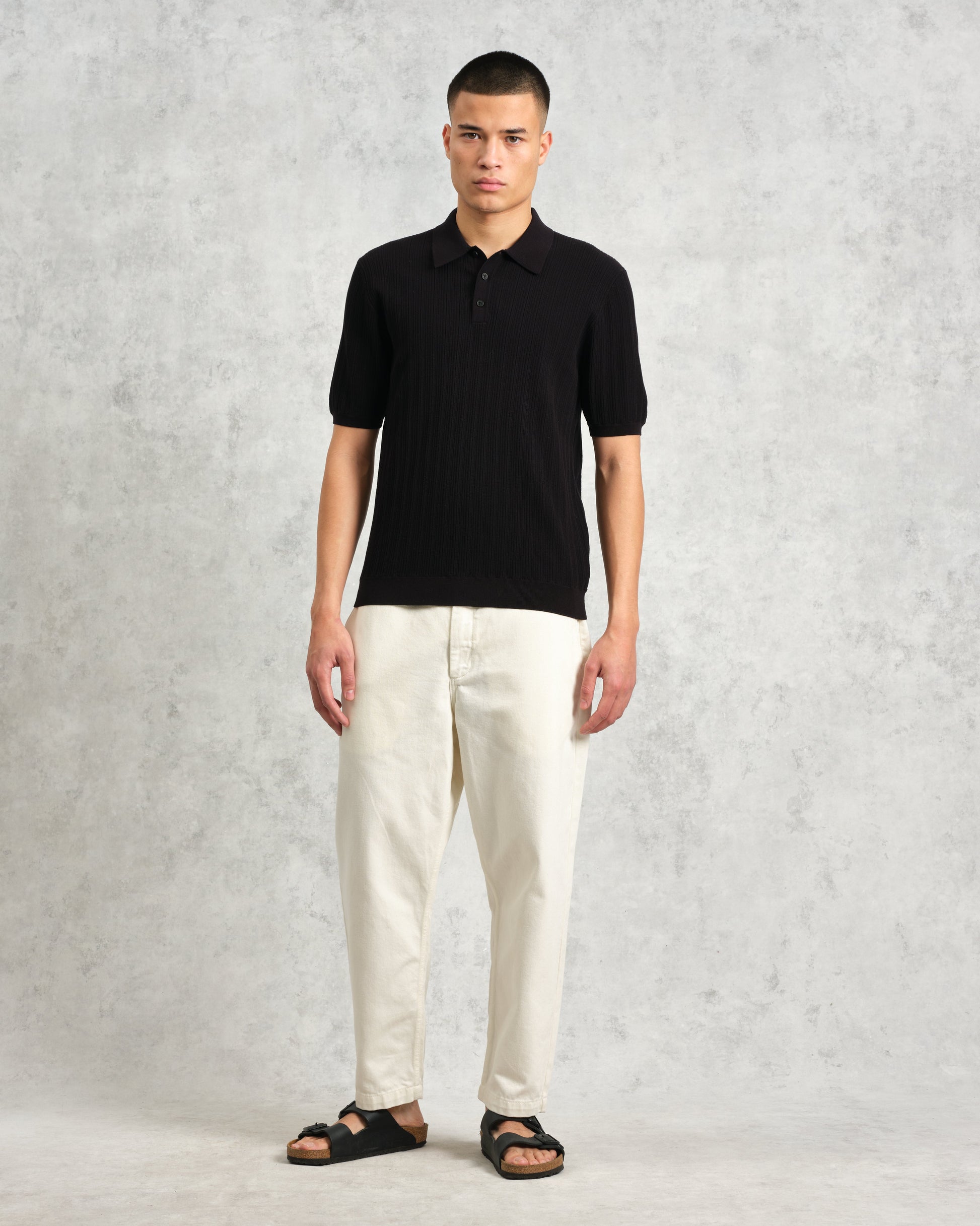 wax london men's Naples - Black Textured Knitted Polo Shirt