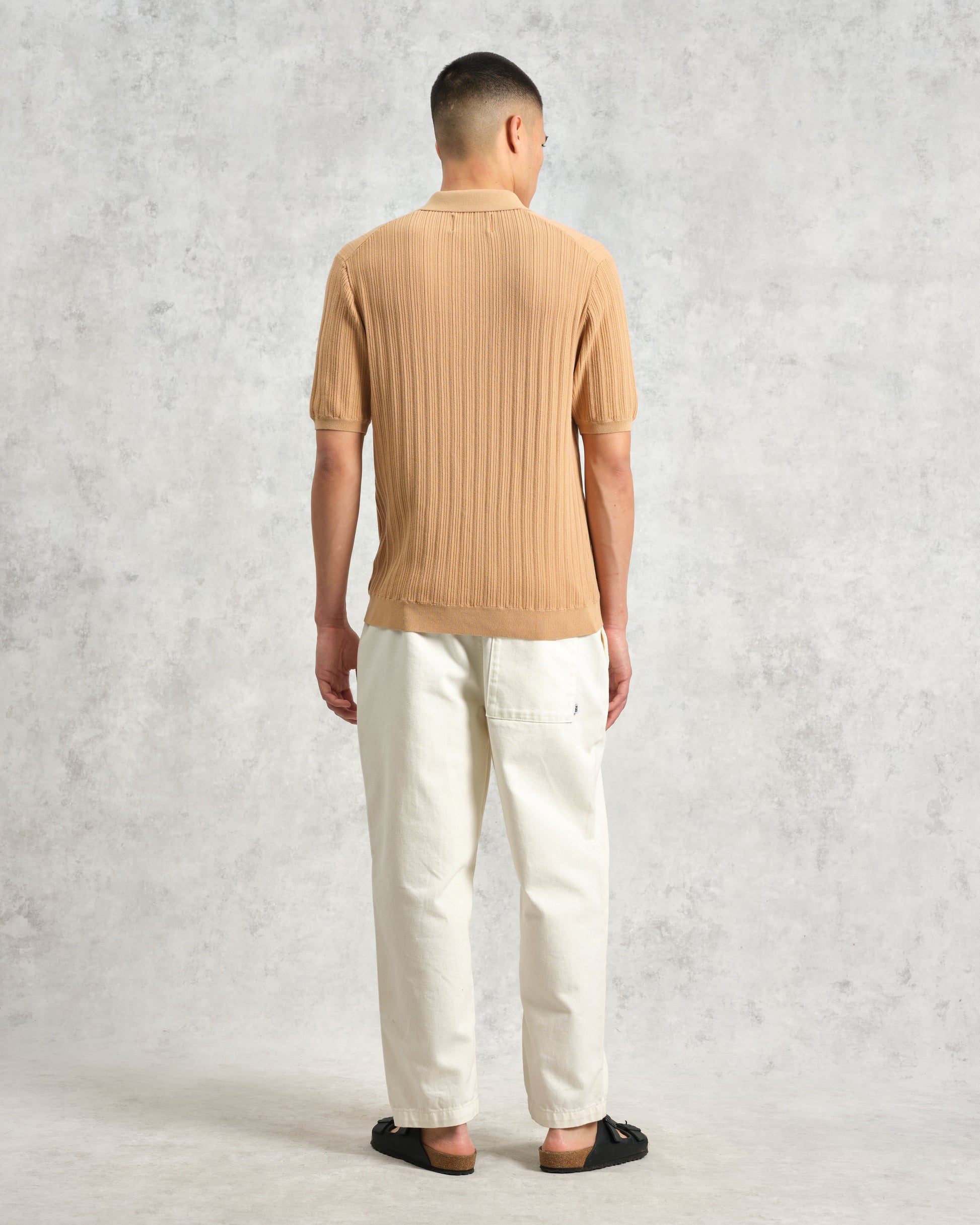 wax london men's Naples - Camel Textured Knitted Polo Shirt