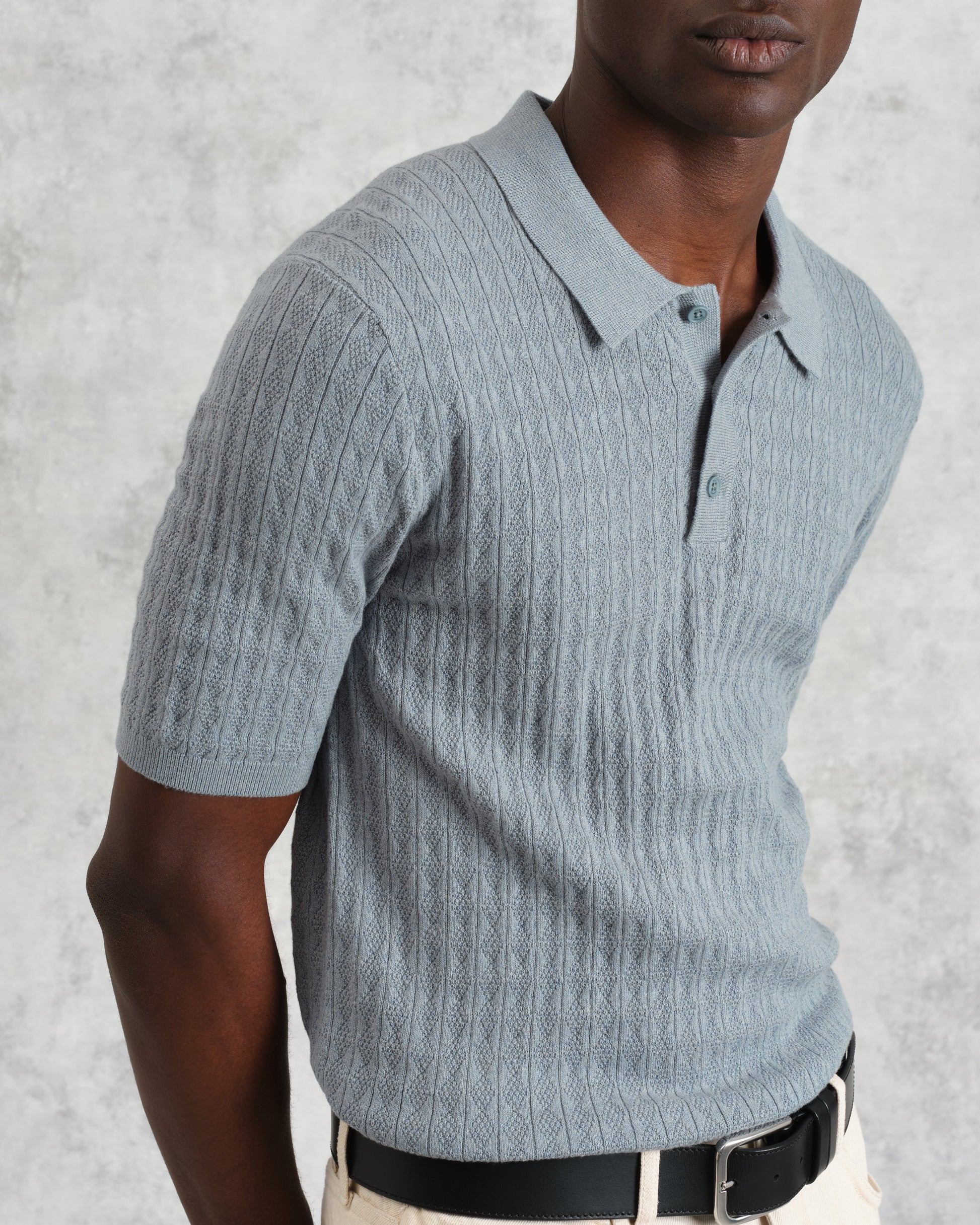 wax london men's Naples - Grey Blue Diamond Stripe Knitted Polo