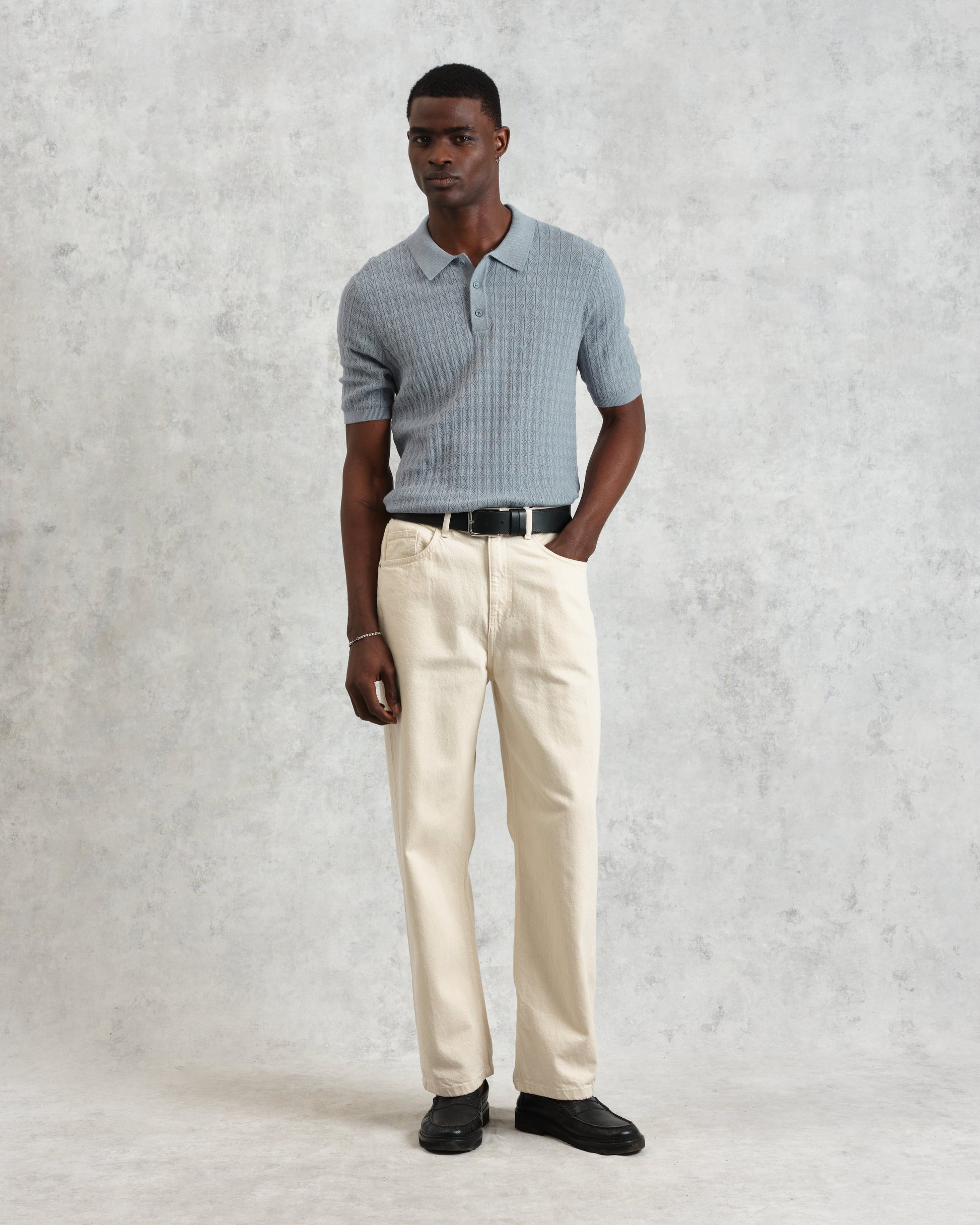 wax london men's Naples - Grey Blue Diamond Stripe Knitted Polo
