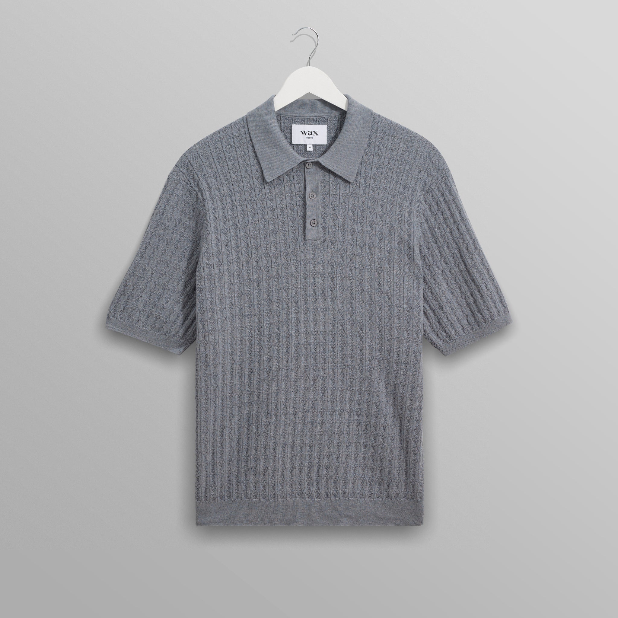 wax london men's Naples - Grey Blue Diamond Stripe Knitted Polo