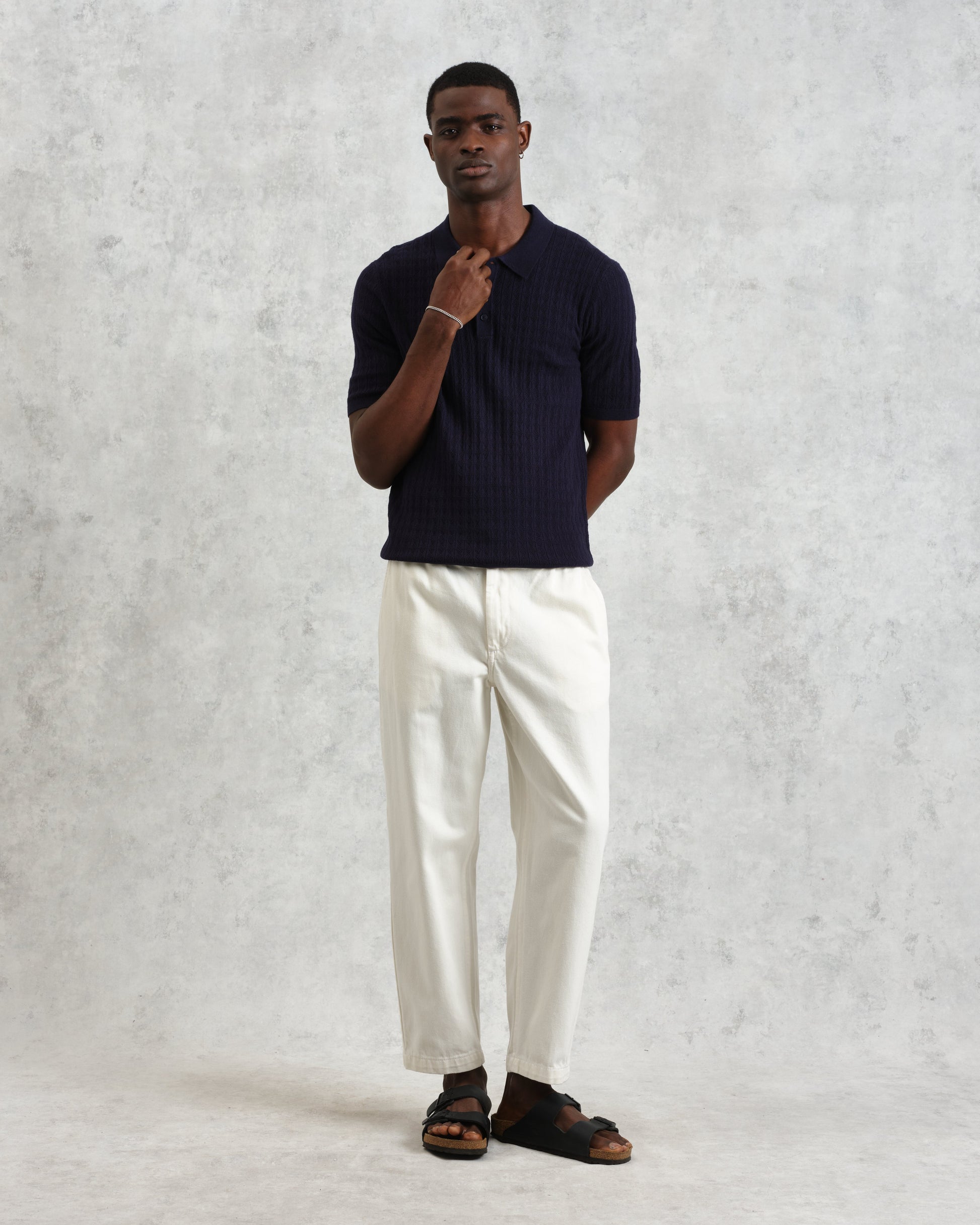 wax london men's Naples - Navy Diamond Stripe Knitted Polo