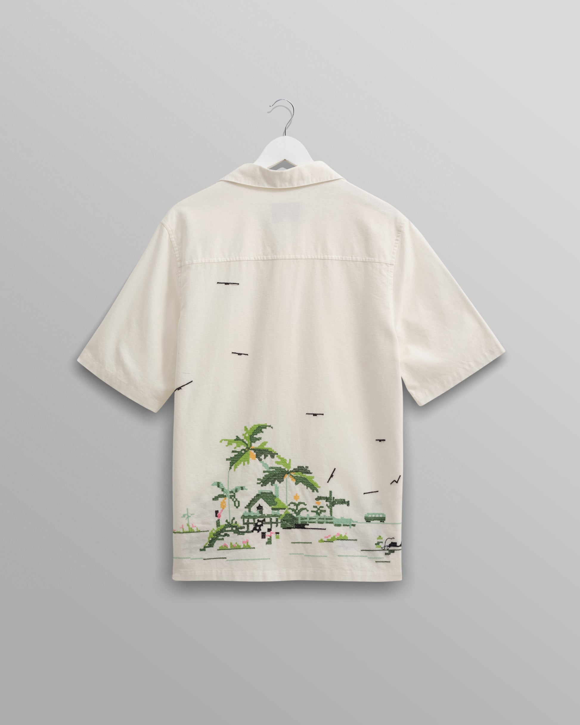 wax london men's Newton - Ecru Paradise Stitch Short Sleeve Shirt