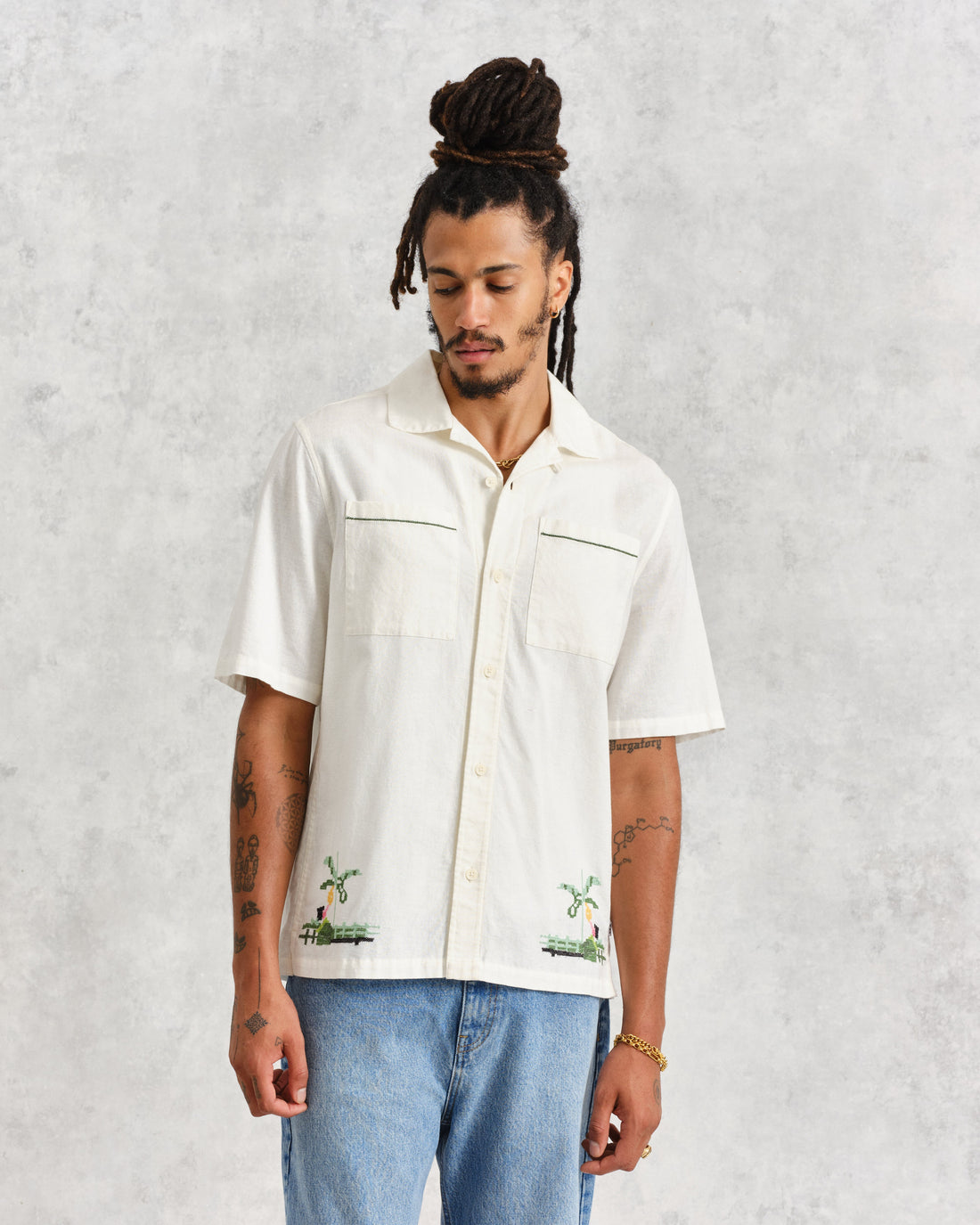 wax london men's Newton - Ecru Paradise Stitch Short Sleeve Shirt