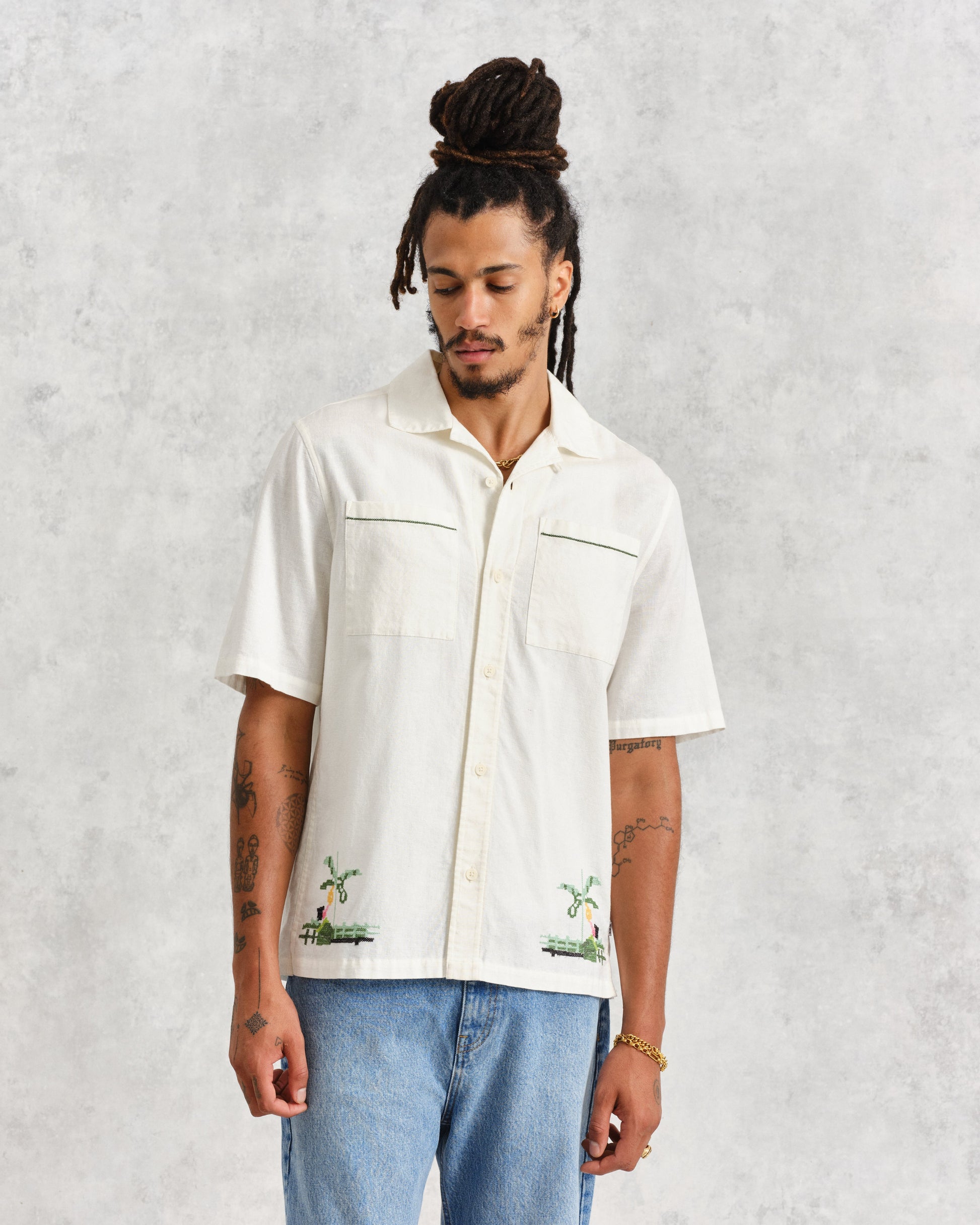 wax london men's Newton - Ecru Paradise Stitch Short Sleeve Shirt