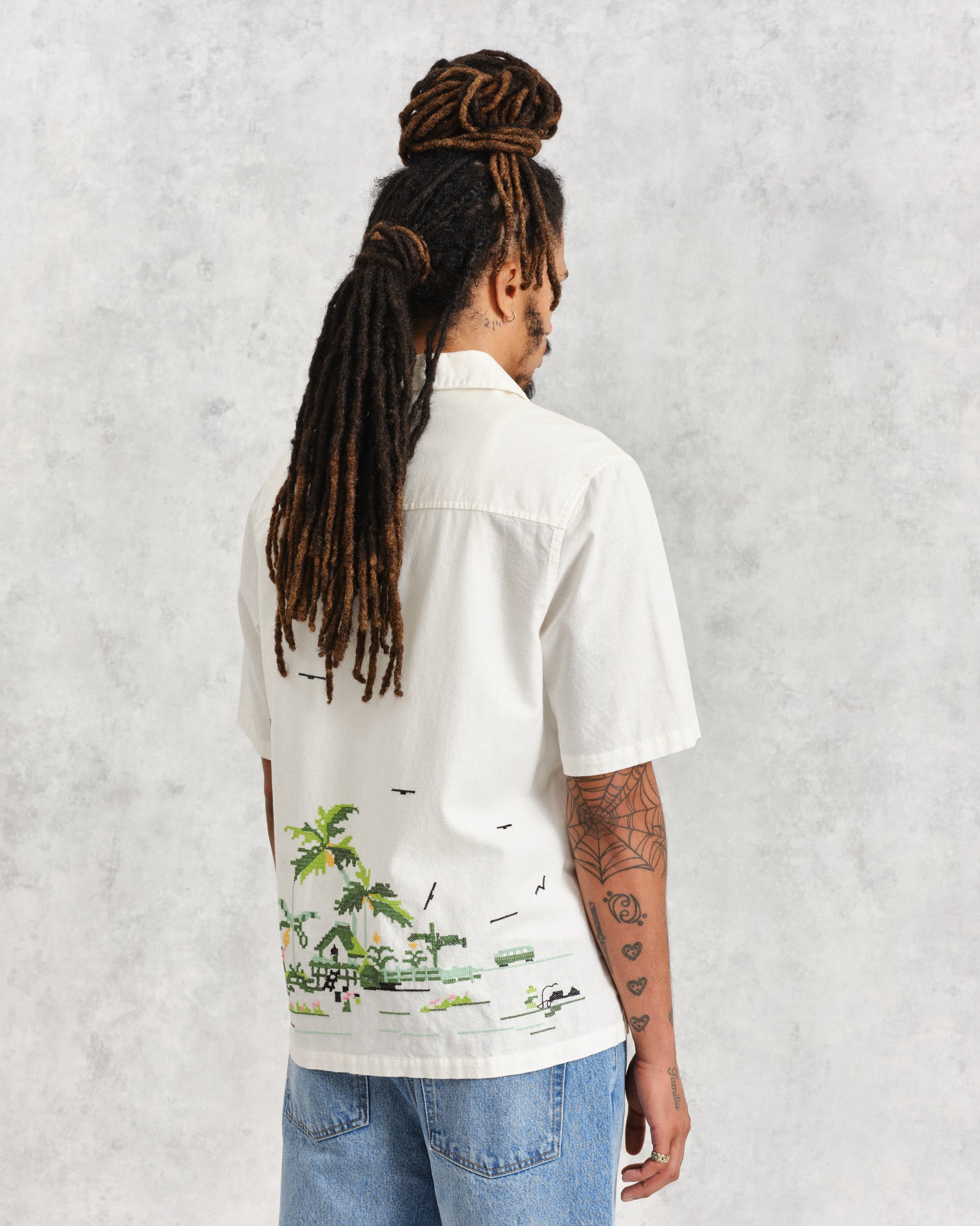 wax london men's Newton - Ecru Paradise Stitch Short Sleeve Shirt
