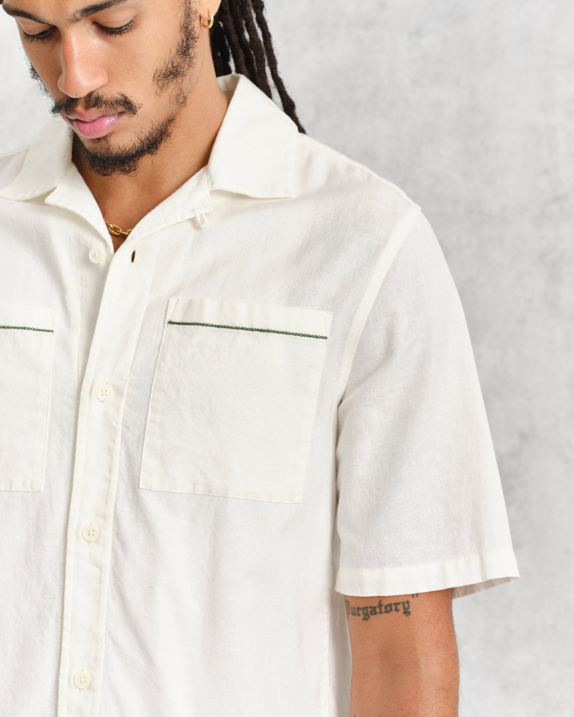 wax london men's Newton - Ecru Paradise Stitch Short Sleeve Shirt