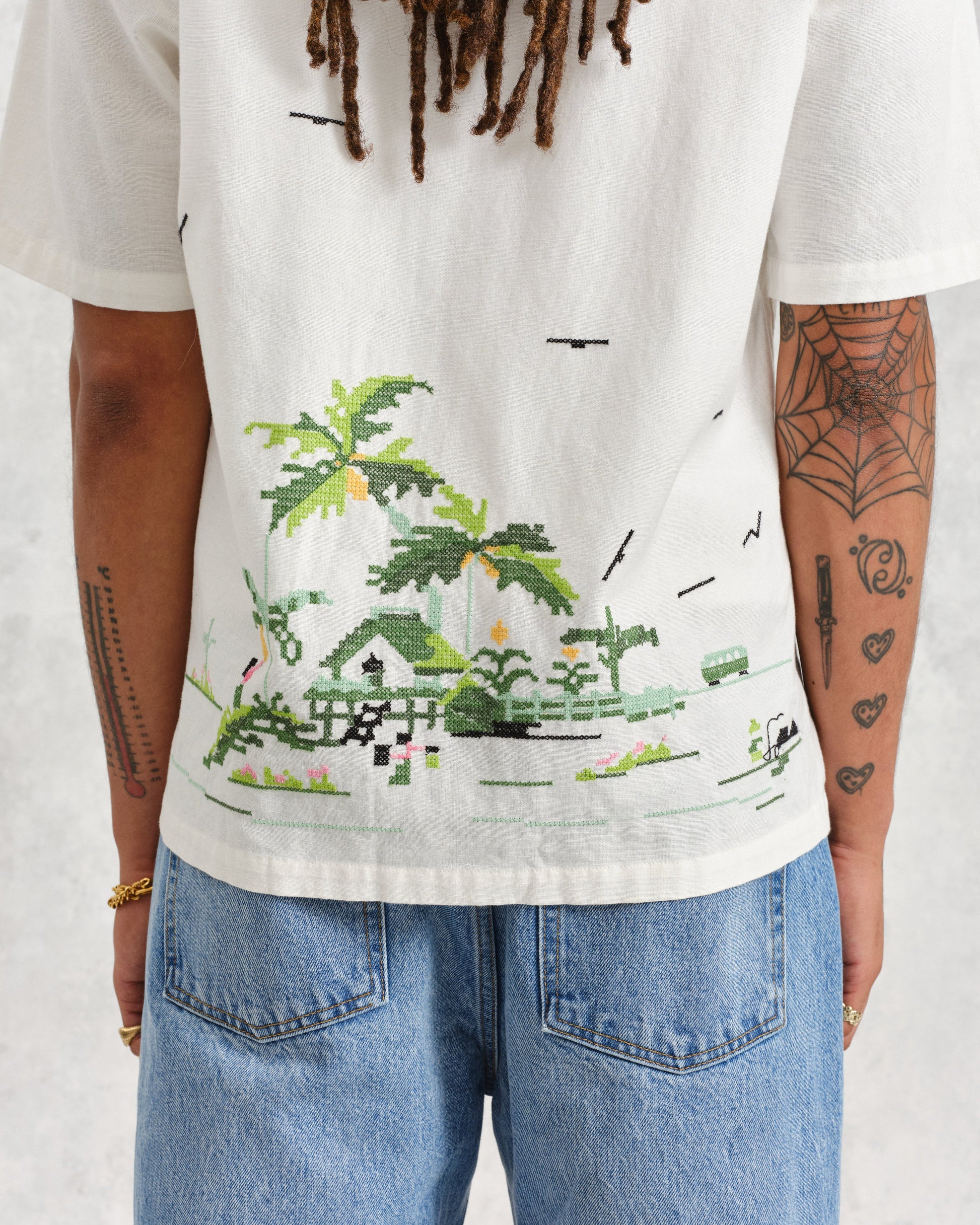 wax london men's Newton - Ecru Paradise Stitch Short Sleeve Shirt