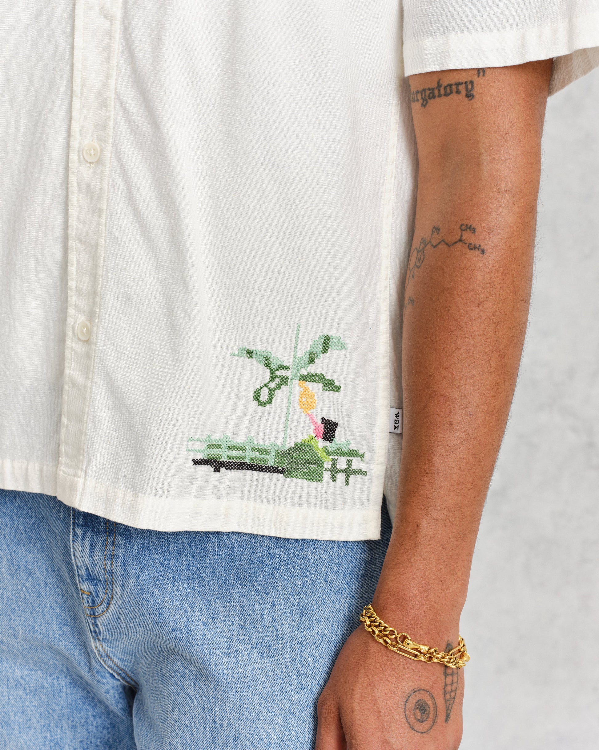 wax london men's Newton - Ecru Paradise Stitch Short Sleeve Shirt