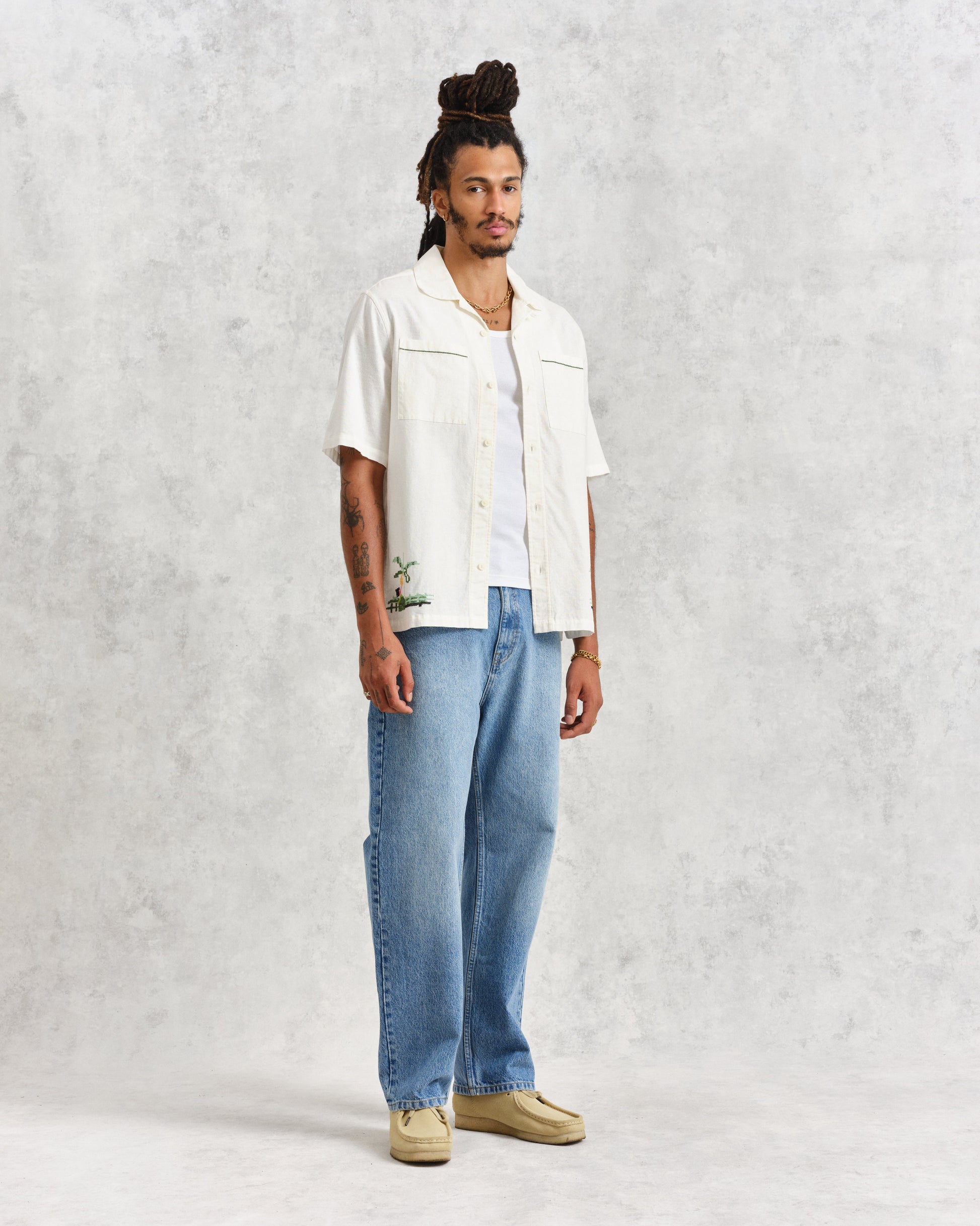 wax london men's Newton - Ecru Paradise Stitch Short Sleeve Shirt
