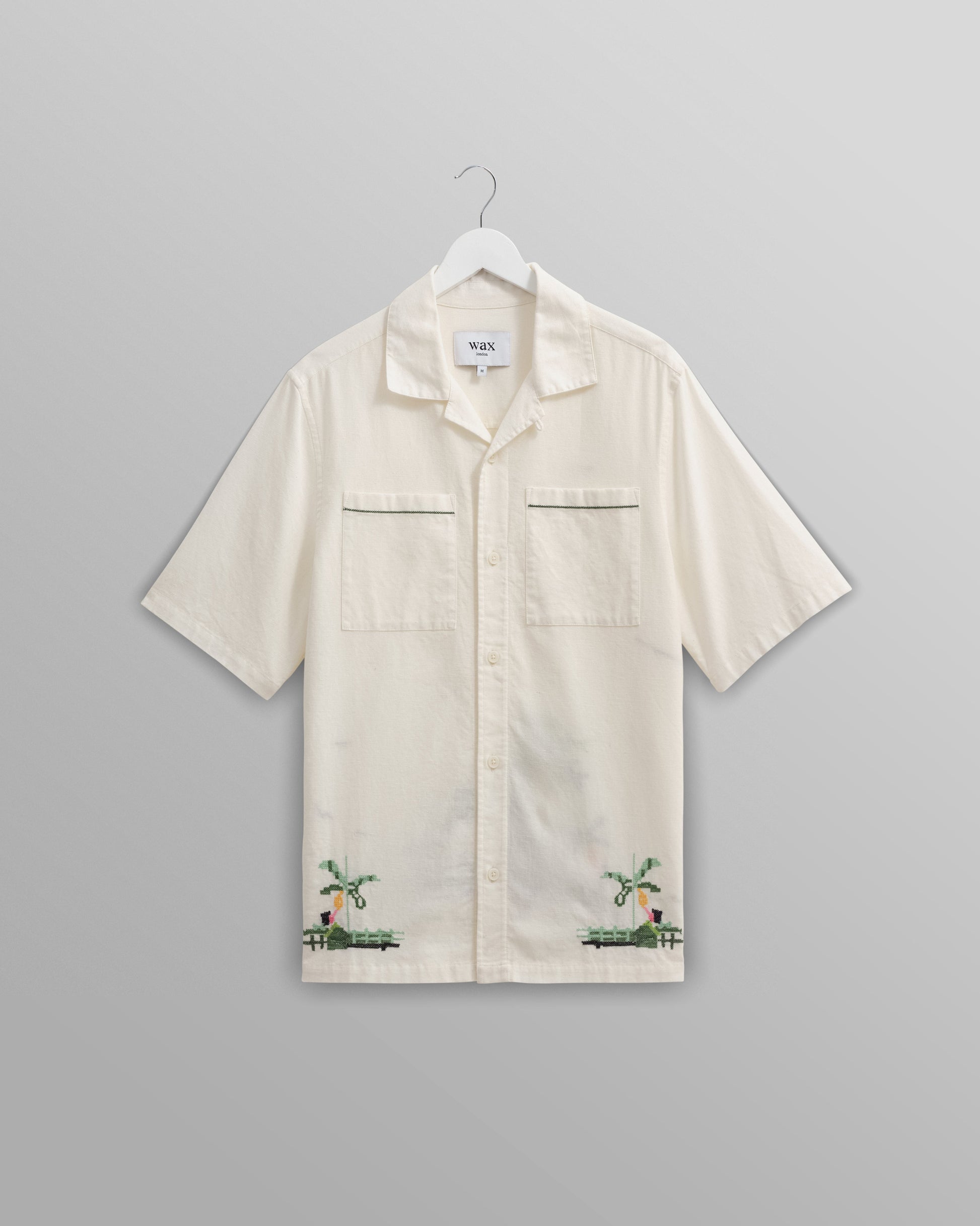 wax london men's Newton - Ecru Paradise Stitch Short Sleeve Shirt