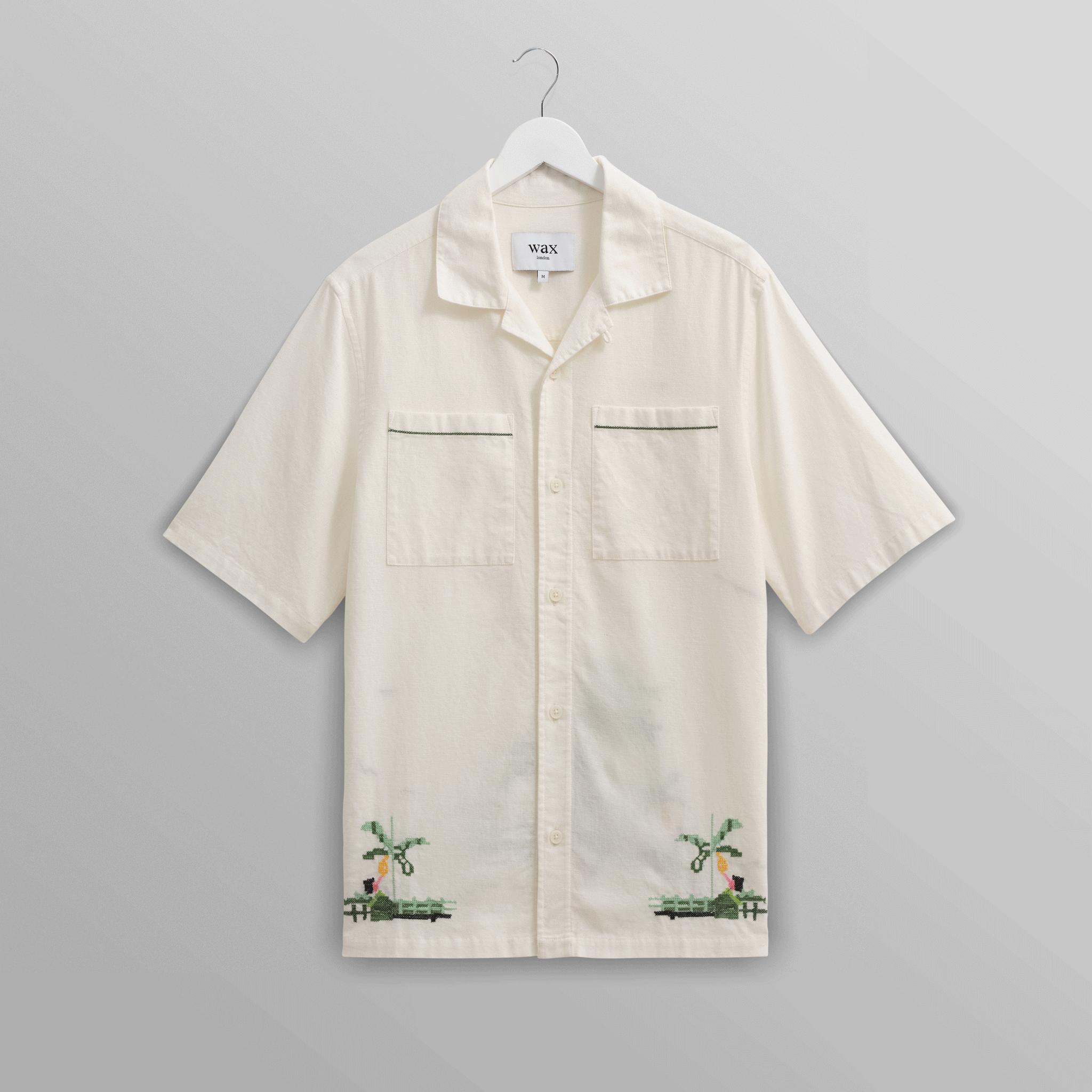 wax london men's Newton - Ecru Paradise Stitch Short Sleeve Shirt