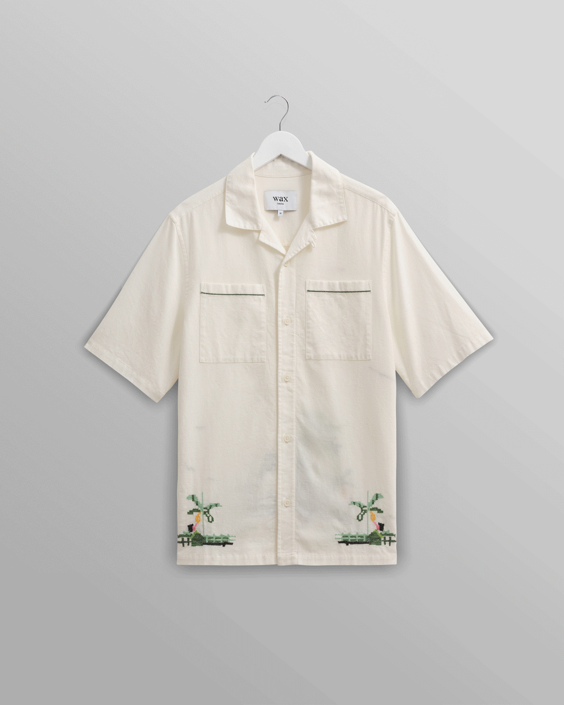 wax london men's Newton - Ecru Paradise Stitch Short Sleeve Shirt