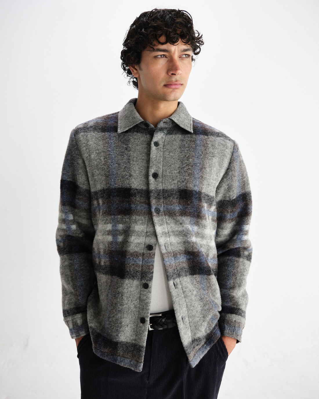 wax london men's Nolan - Grey And Blue Check Wool Overshirt