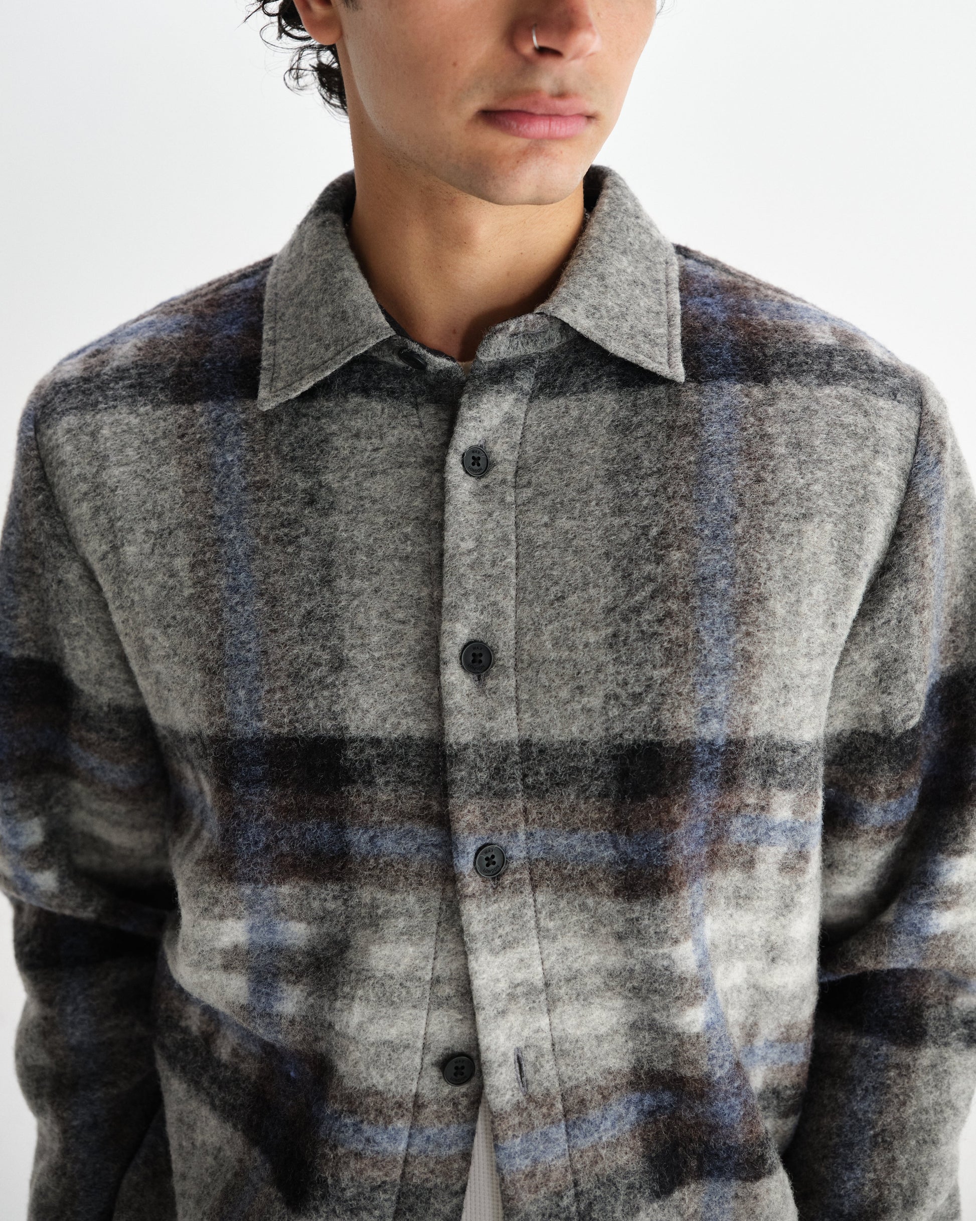wax london men's Nolan - Grey And Blue Check Wool Overshirt