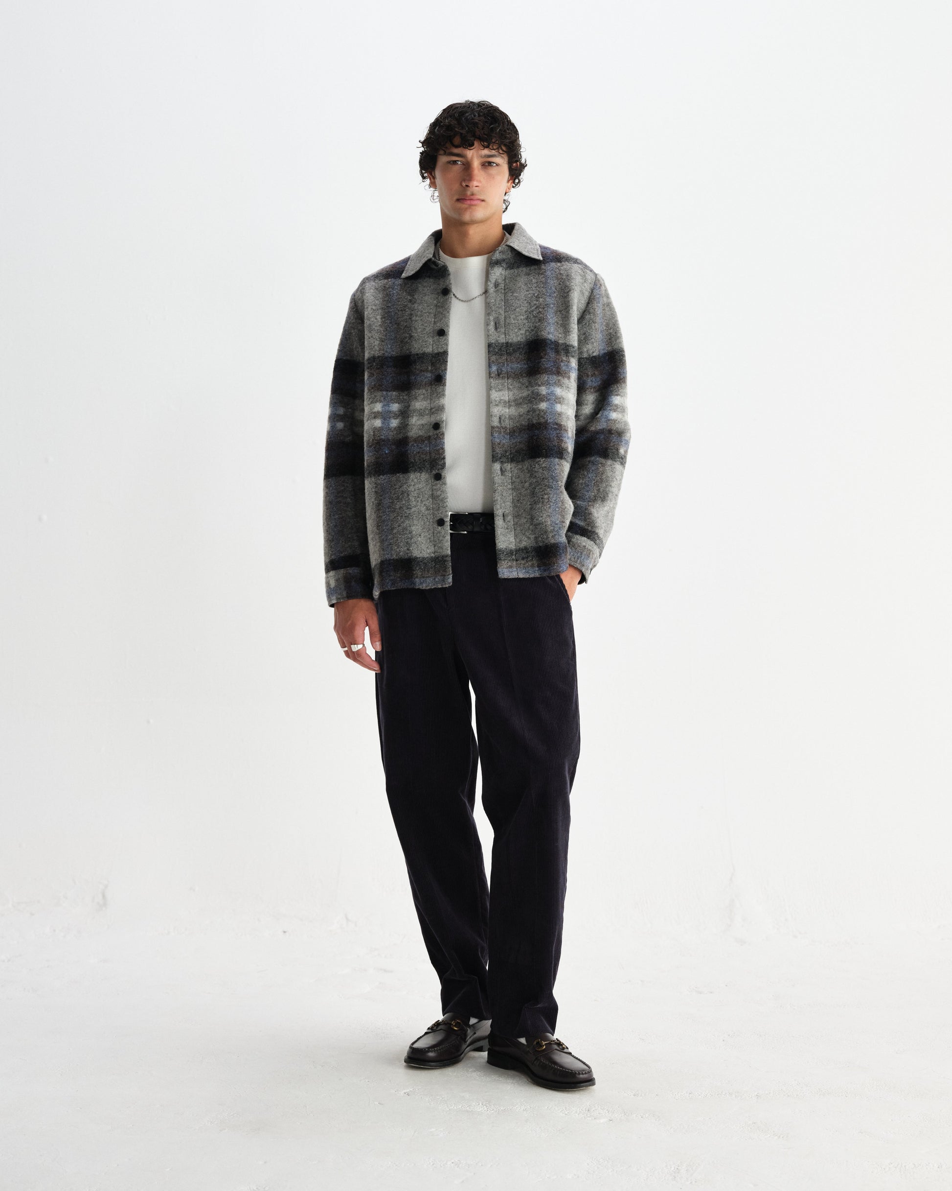 wax london men's Nolan - Grey And Blue Check Wool Overshirt