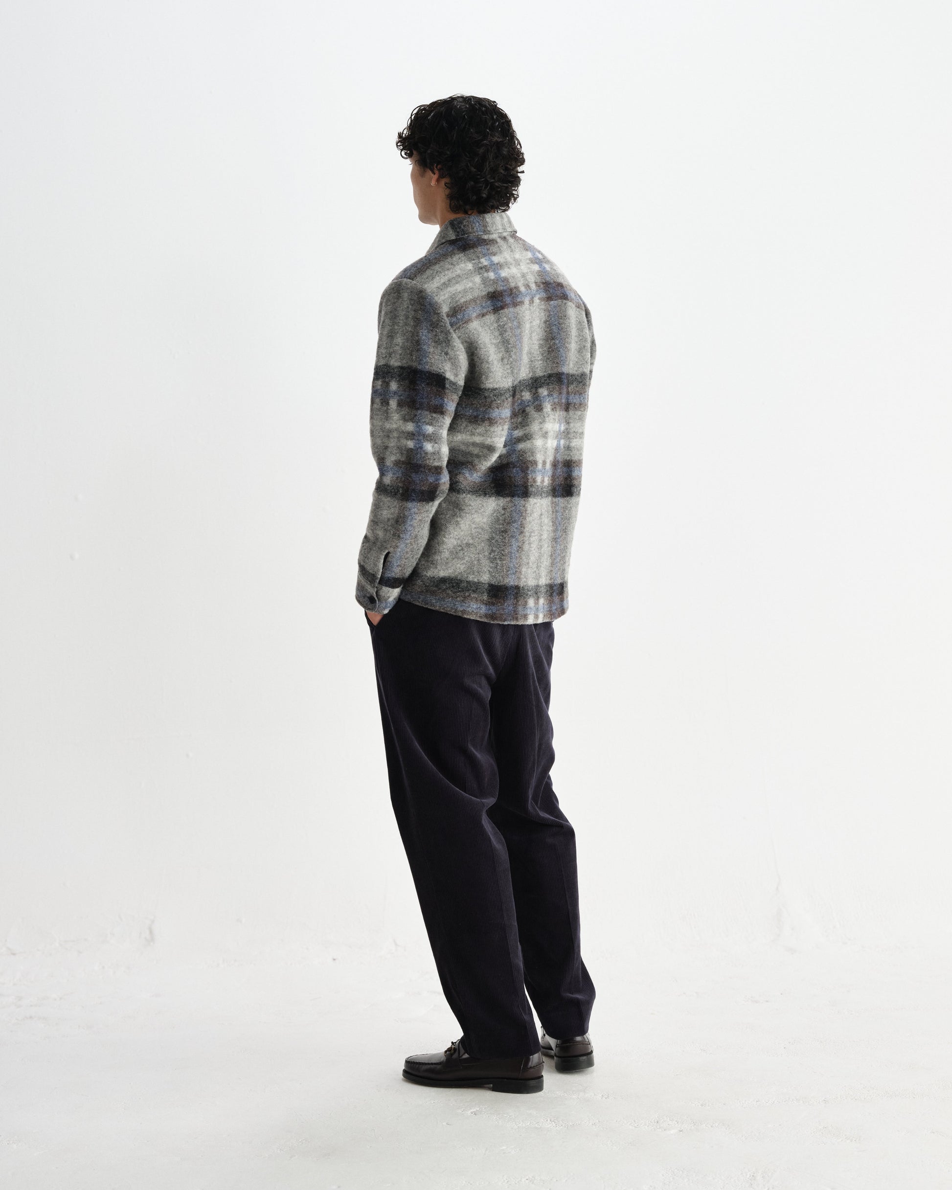 wax london men's Nolan - Grey And Blue Check Wool Overshirt