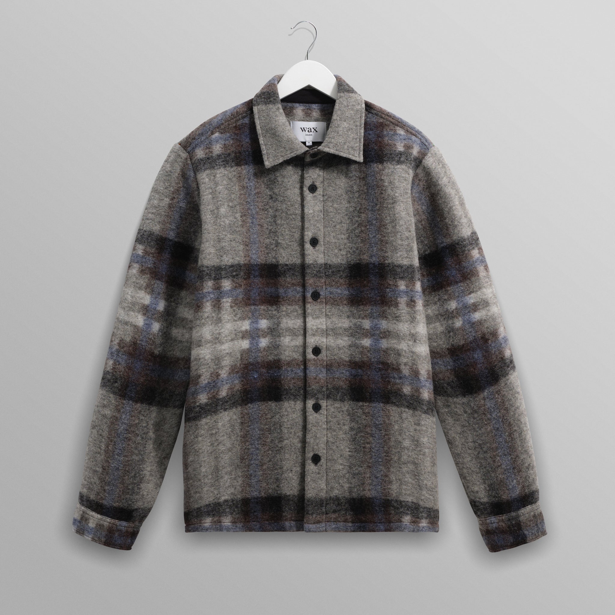wax london men's Nolan - Grey And Blue Check Wool Overshirt