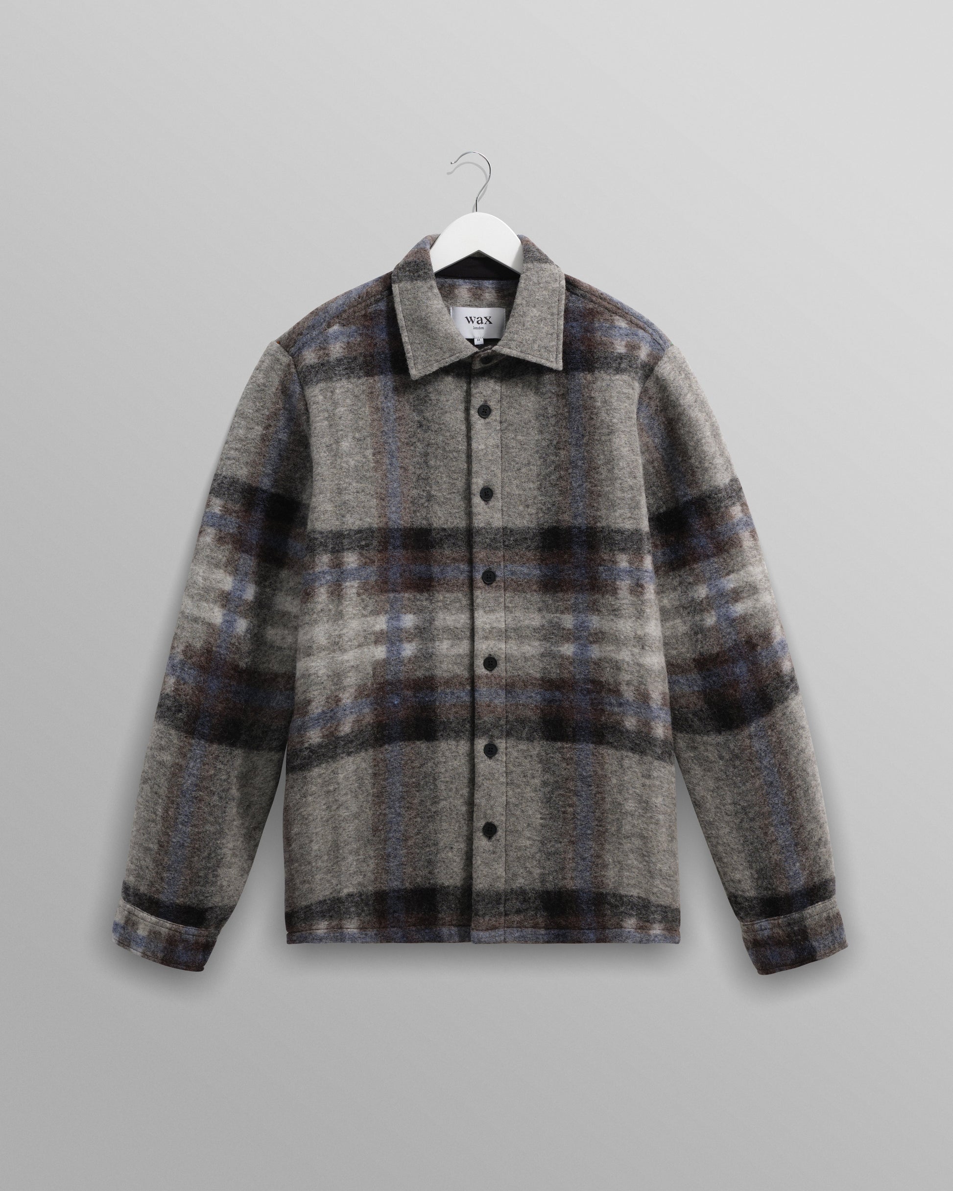 wax london men's Nolan - Grey And Blue Check Wool Overshirt