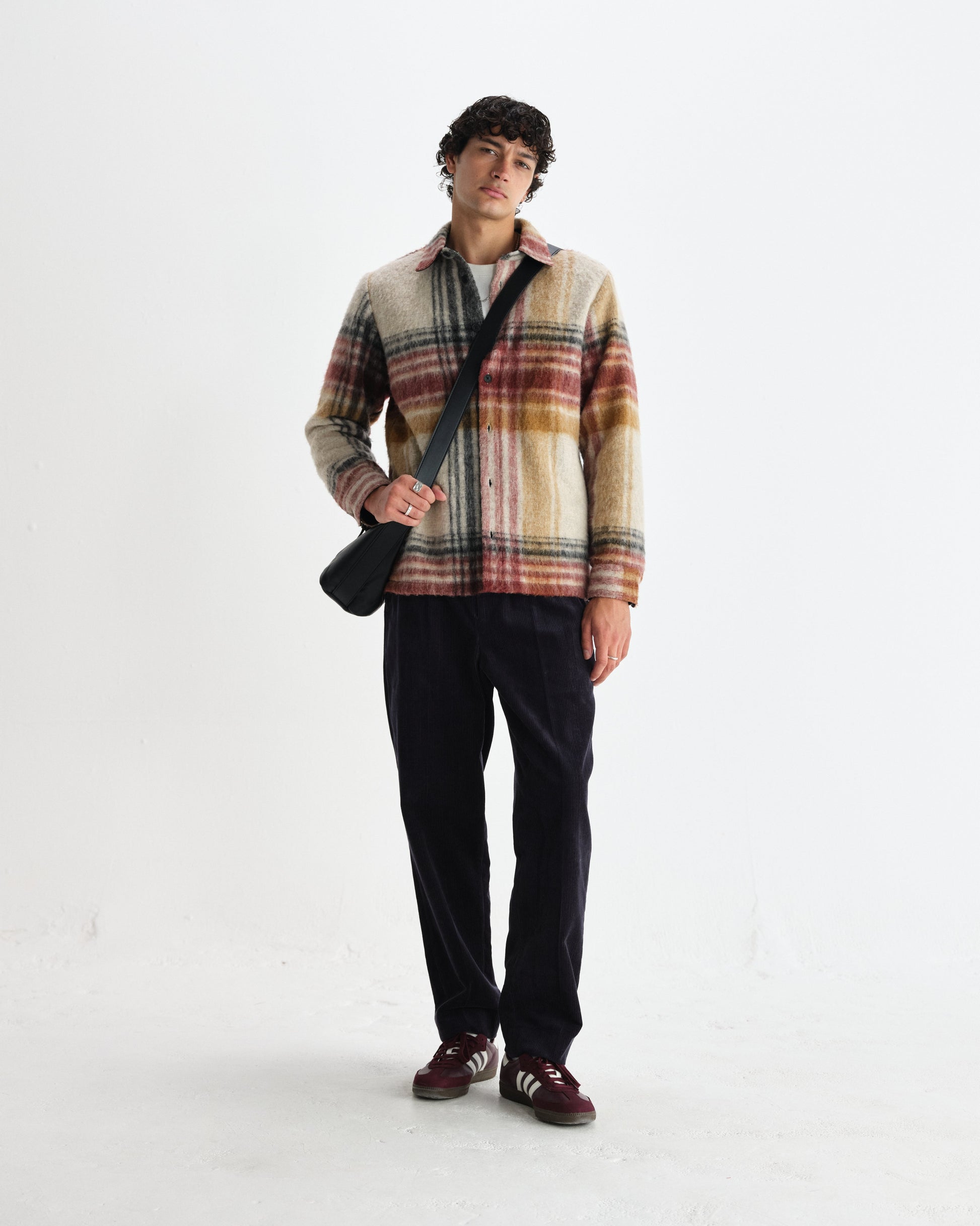 wax london men's Nolan - Natural And Multicolour Check Wool Overshirt