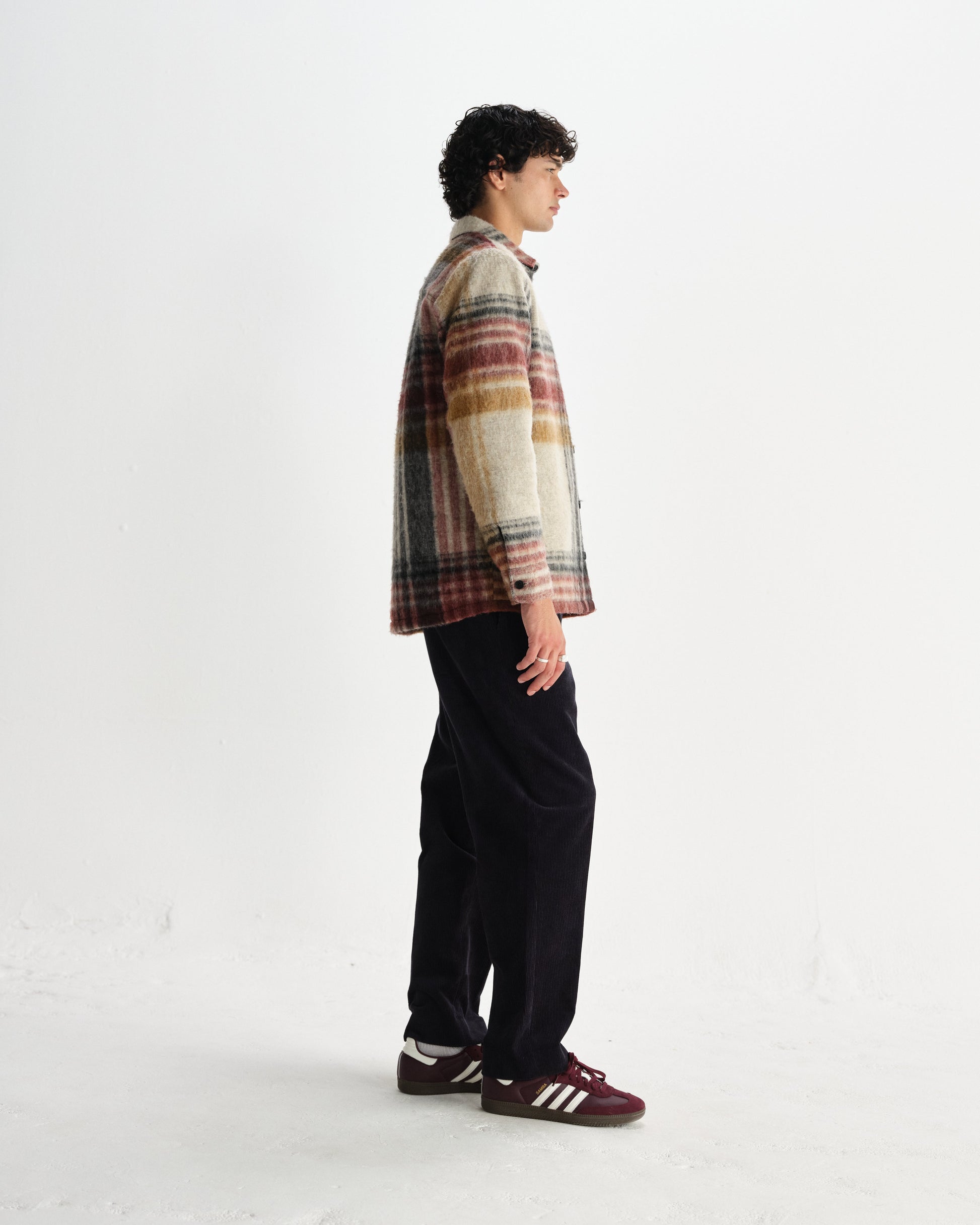 wax london men's Nolan - Natural And Multicolour Check Wool Overshirt