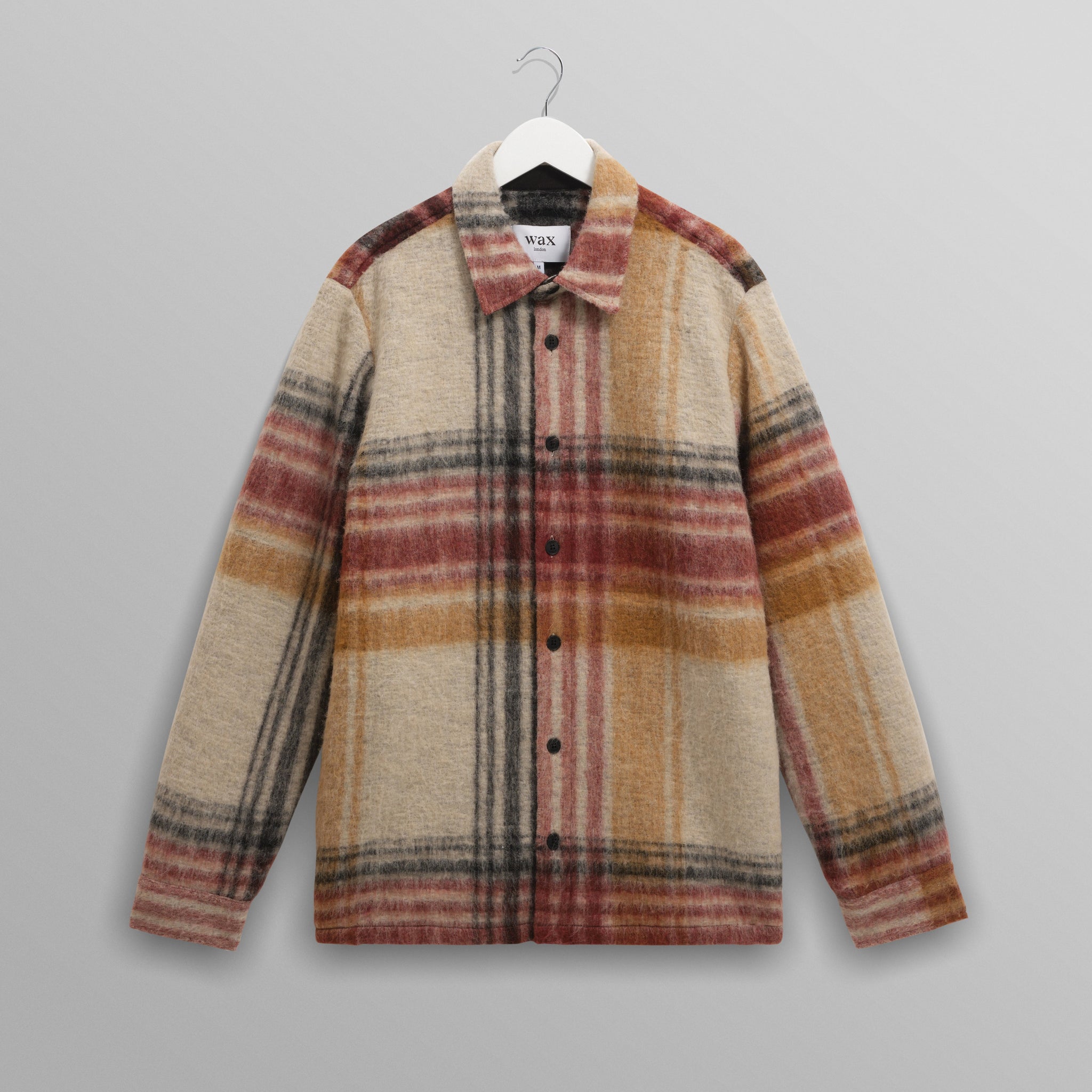wax london men's Nolan - Natural And Multicolour Check Wool Overshirt