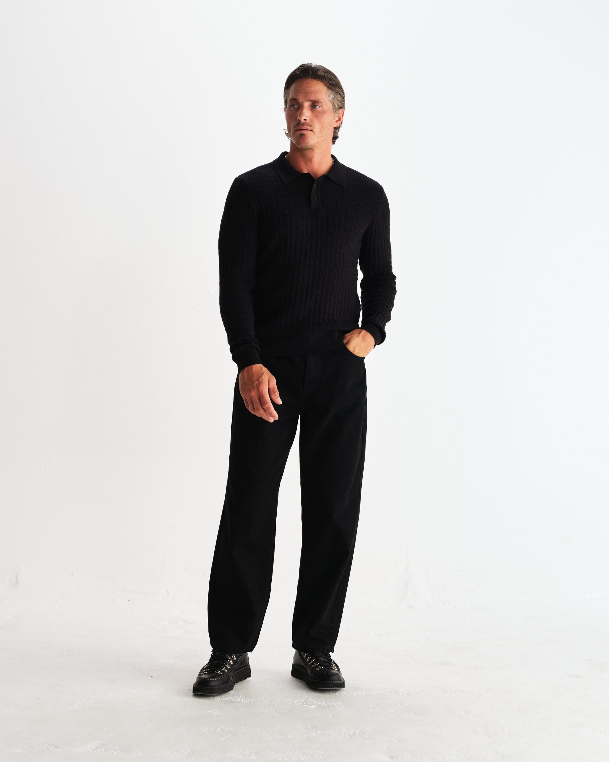 wax london men's Oban - Black Diamond Stripe Knitted Polo