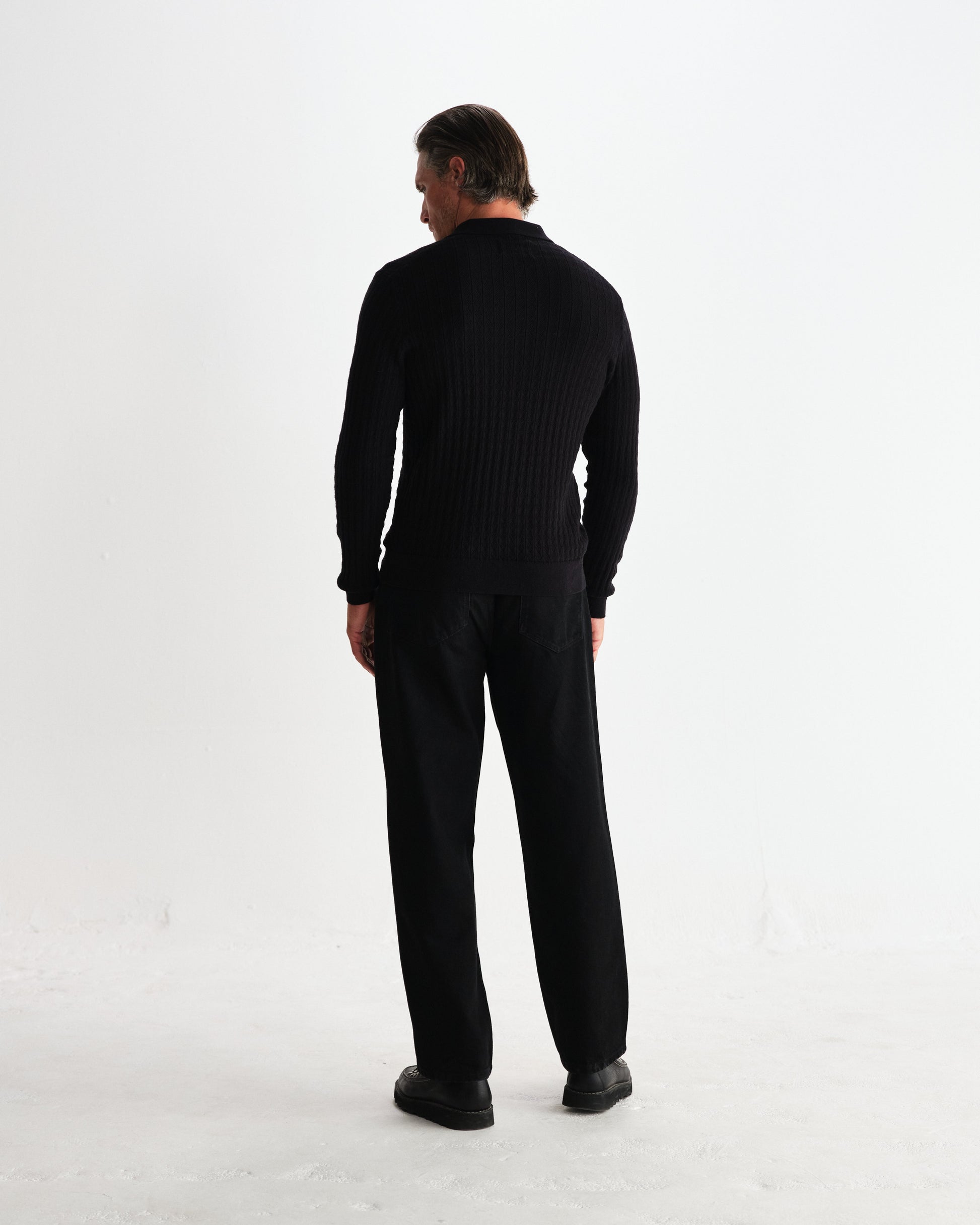wax london men's Oban - Black Diamond Stripe Knitted Polo