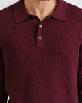 wax london men's Oban - Burgundy Textured-Check Knitted Long Sleeve Polo Shirt