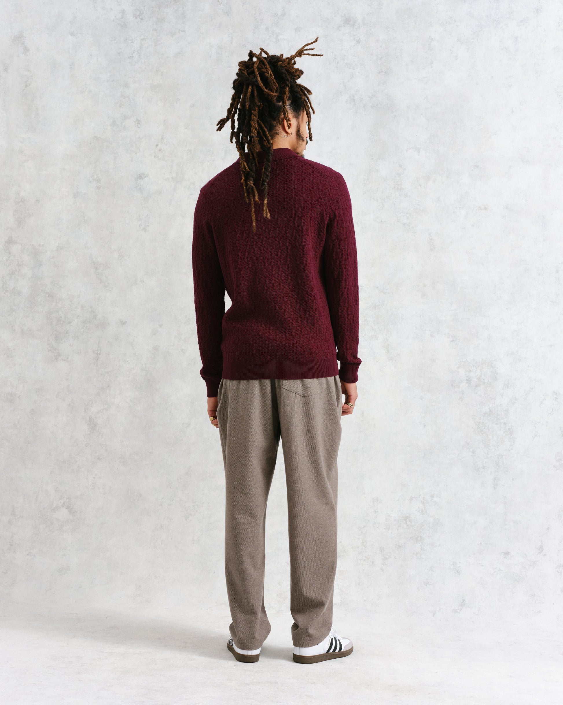 wax london men's Oban - Burgundy Textured-Check Knitted Long Sleeve Polo Shirt