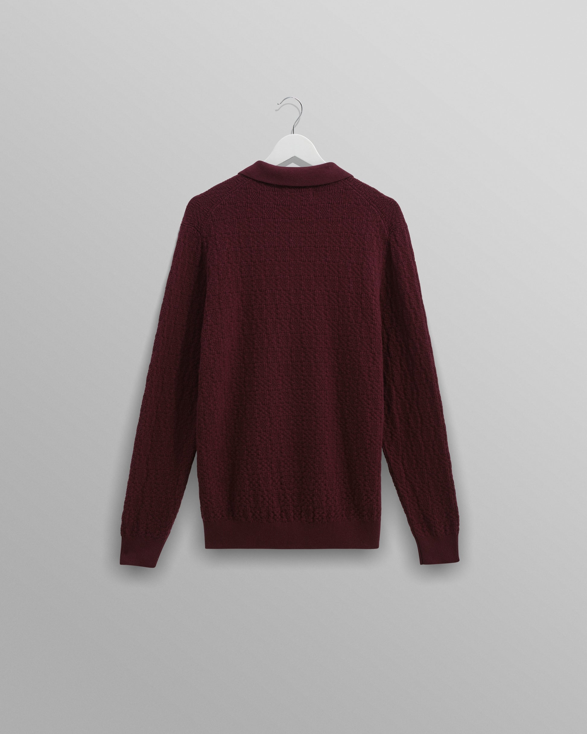 wax london men's Oban - Burgundy Textured-Check Knitted Long Sleeve Polo Shirt