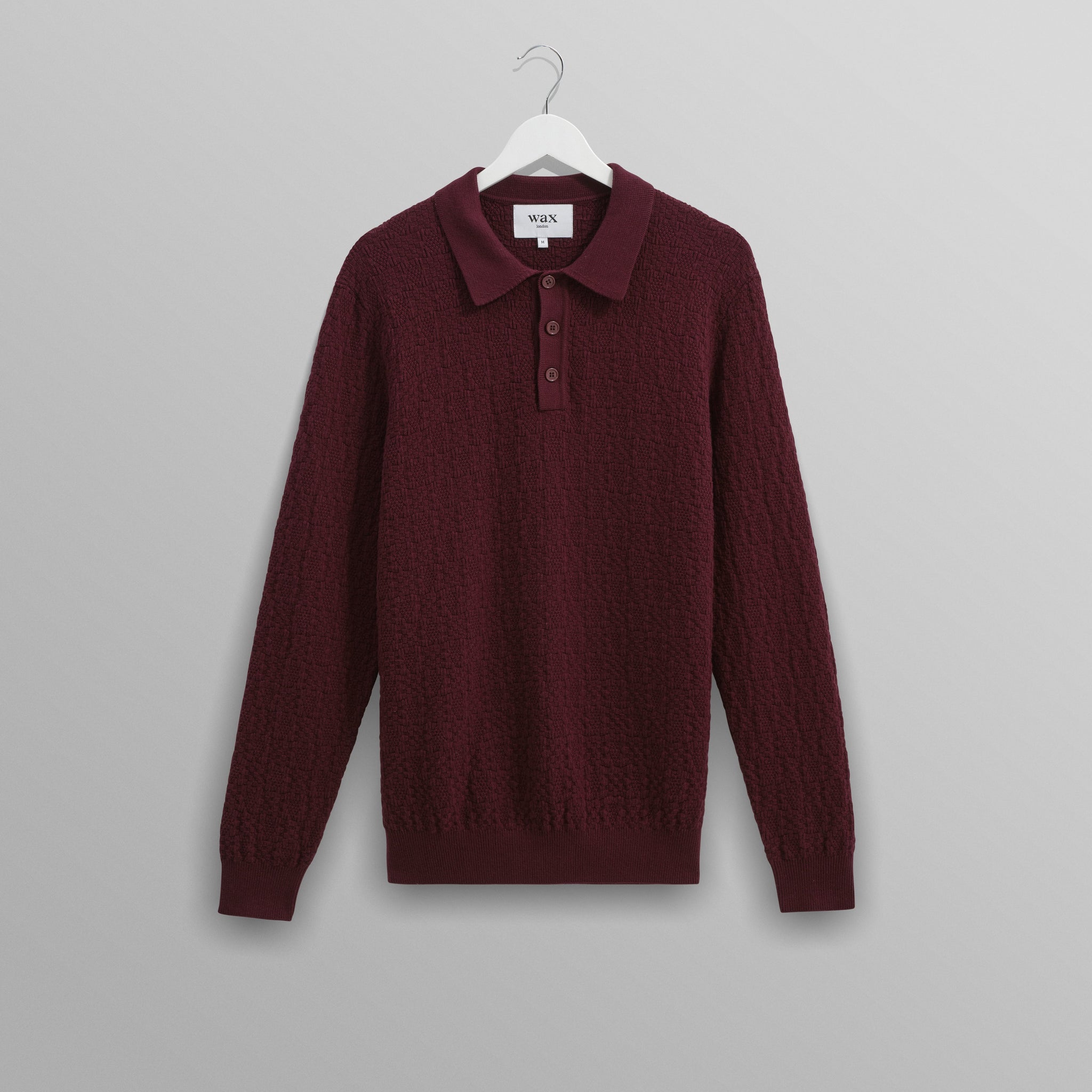 wax london men's Oban - Burgundy Textured-Check Knitted Long Sleeve Polo Shirt