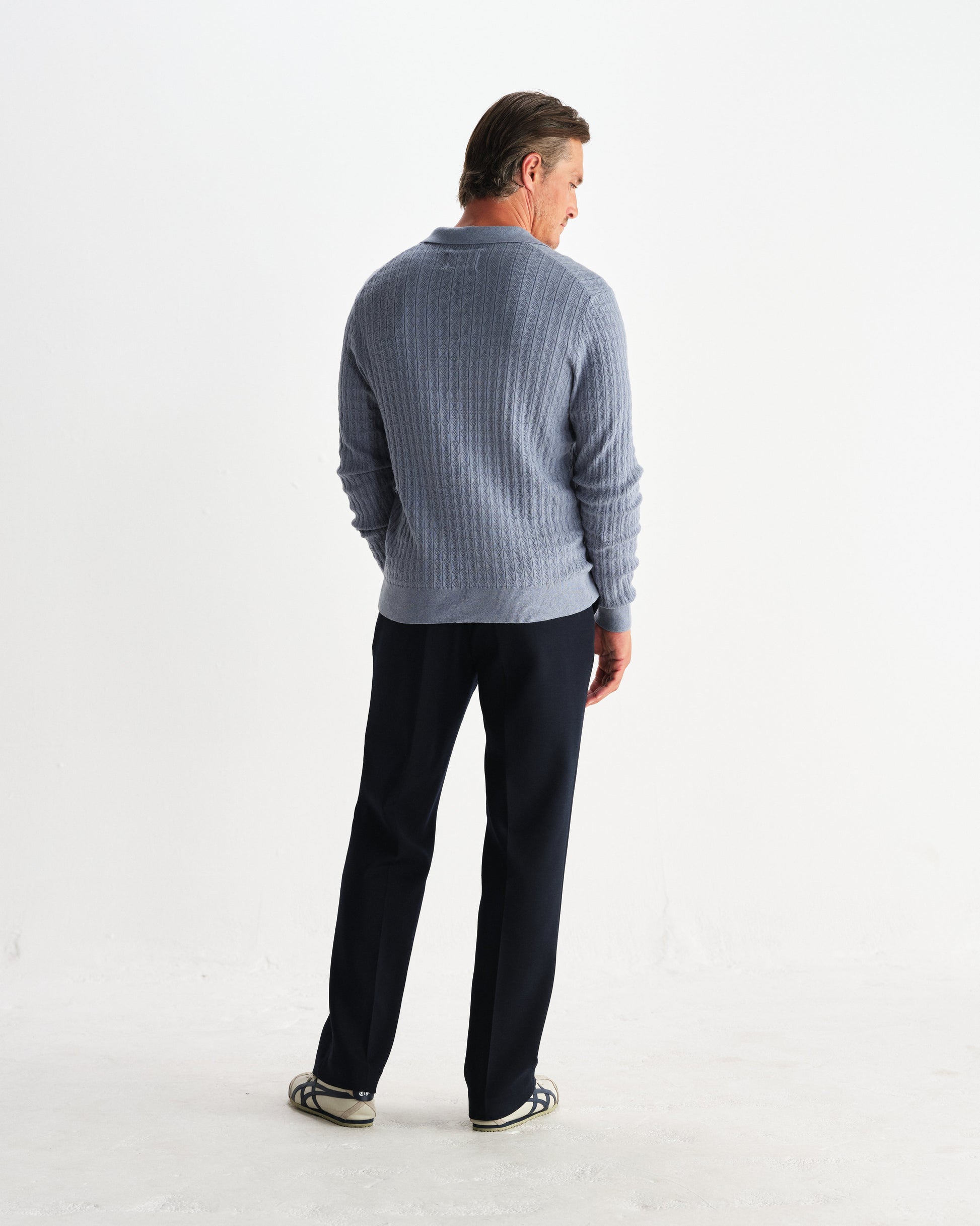 wax london men's Oban - Grey Blue Diamond Stripe Knitted Polo