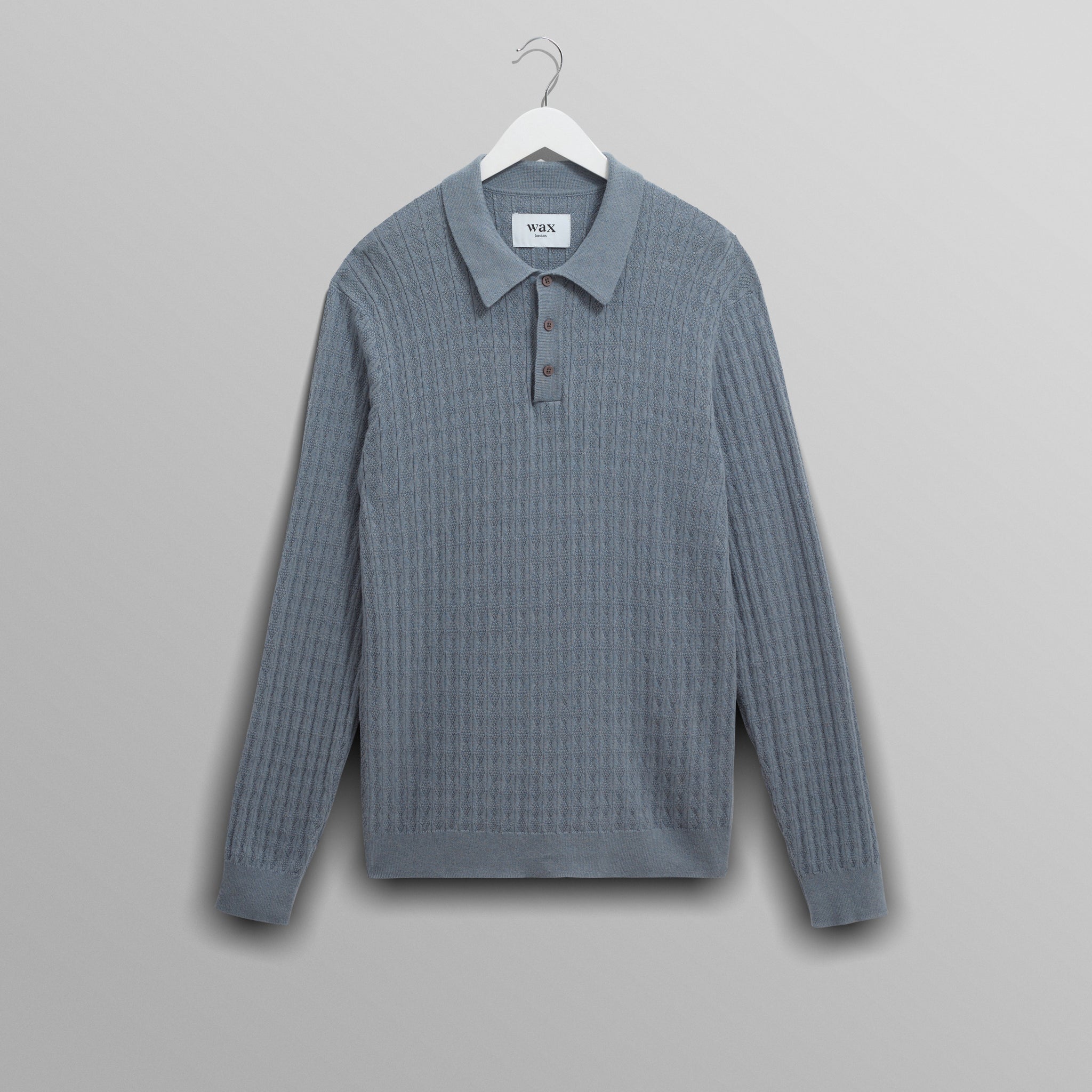 wax london men's Oban - Grey Blue Diamond Stripe Knitted Polo