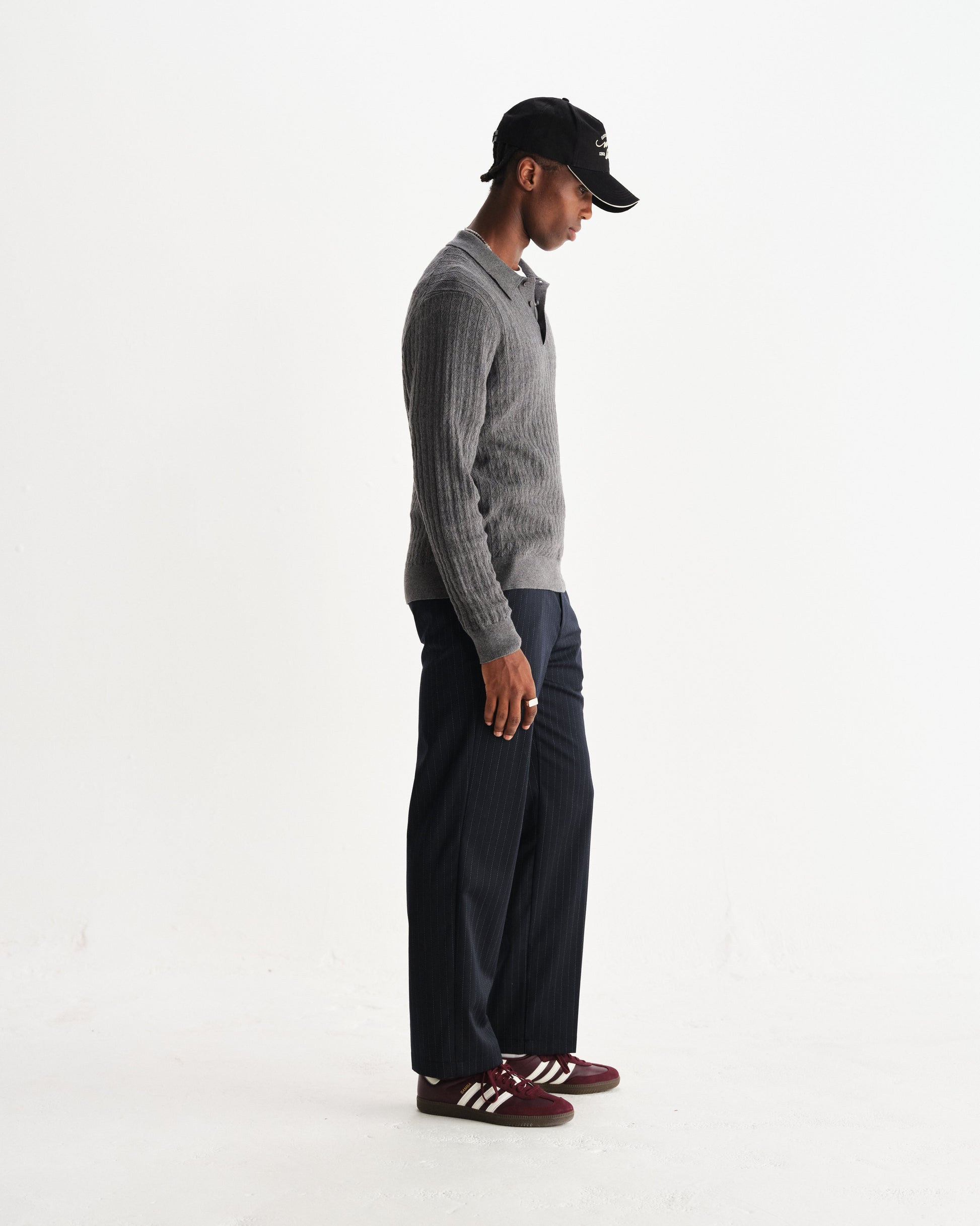 wax london men's Oban - Grey Marl Diamond Stripe Knitted Polo