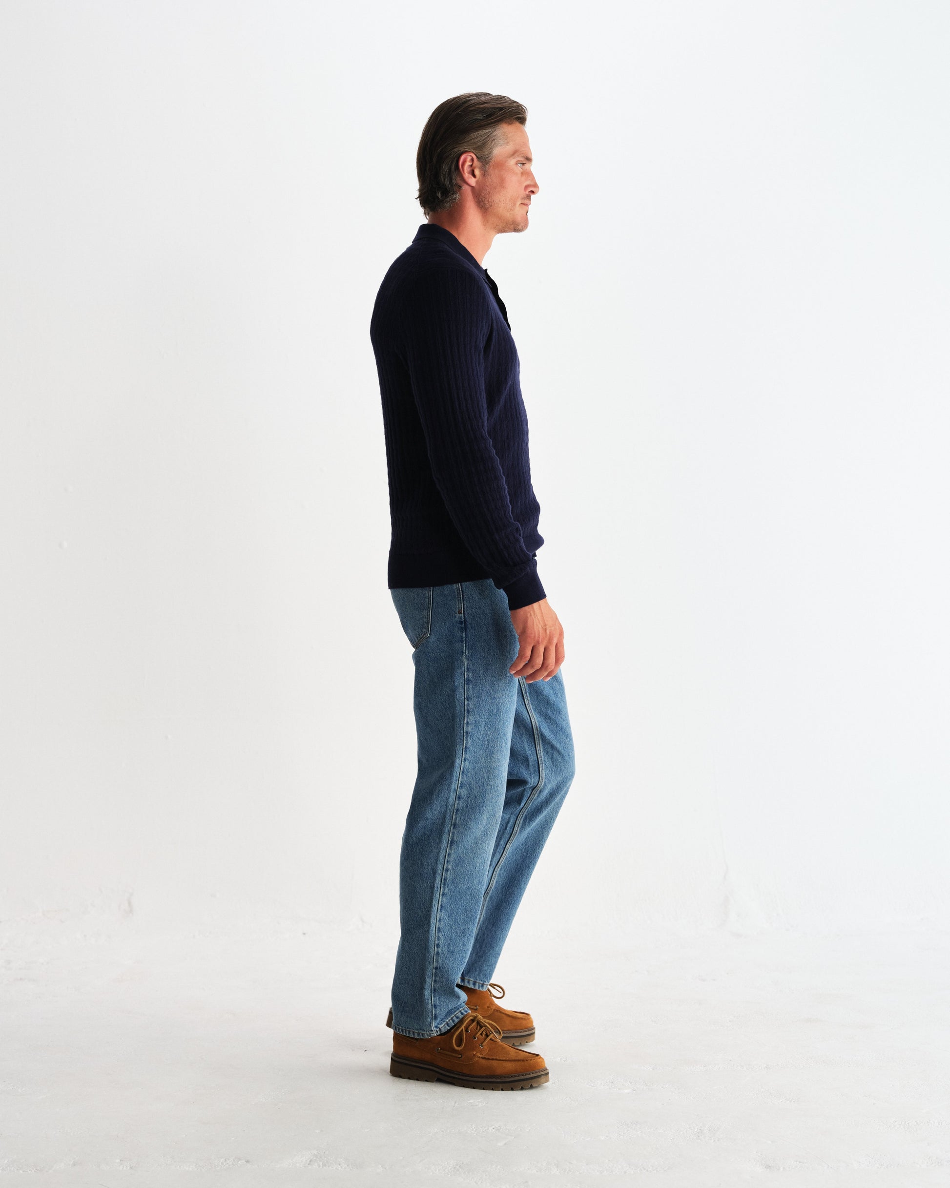 wax london men's Oban - Navy Diamond Stripe Knitted Polo