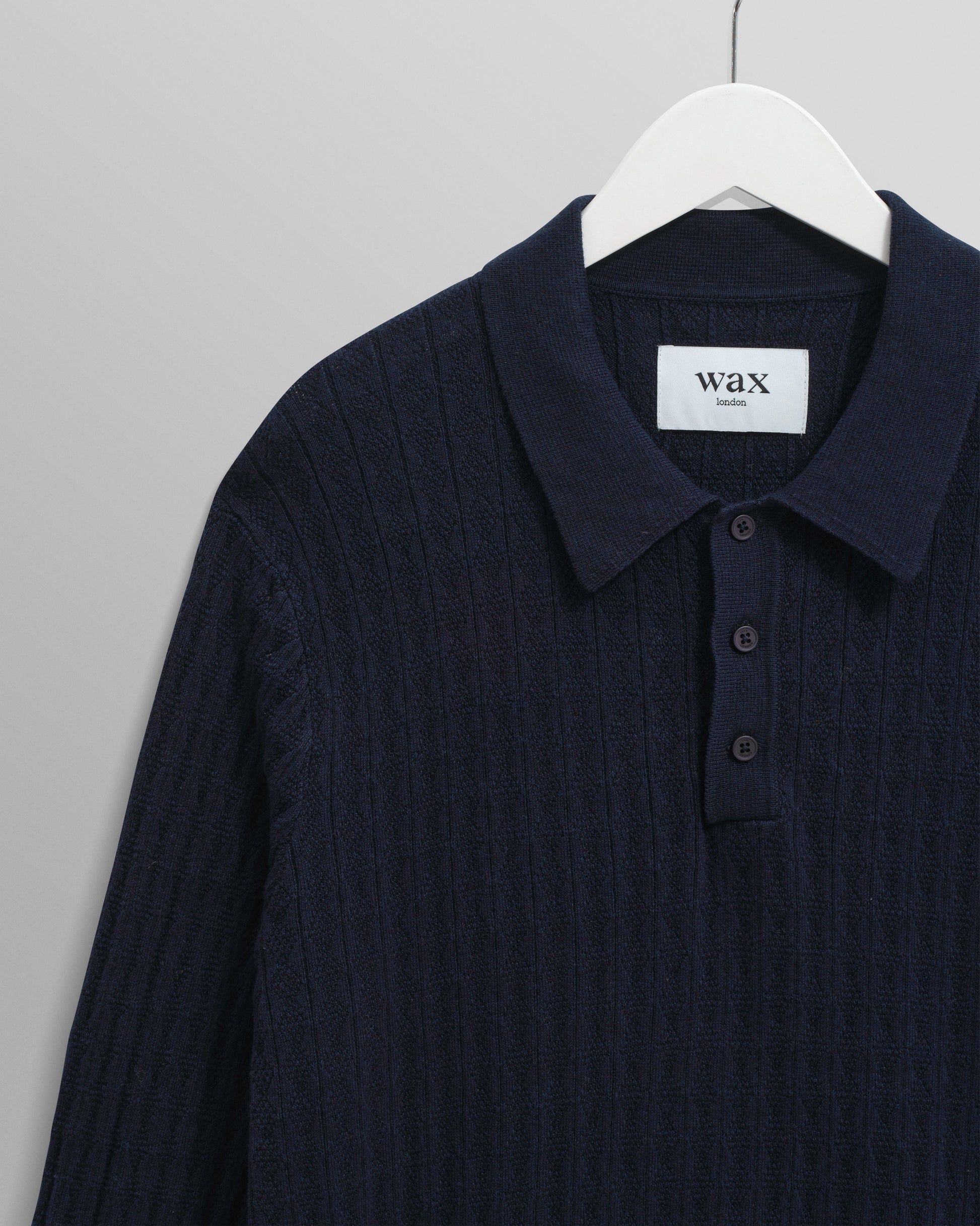 wax london men's Oban - Navy Diamond Stripe Knitted Polo