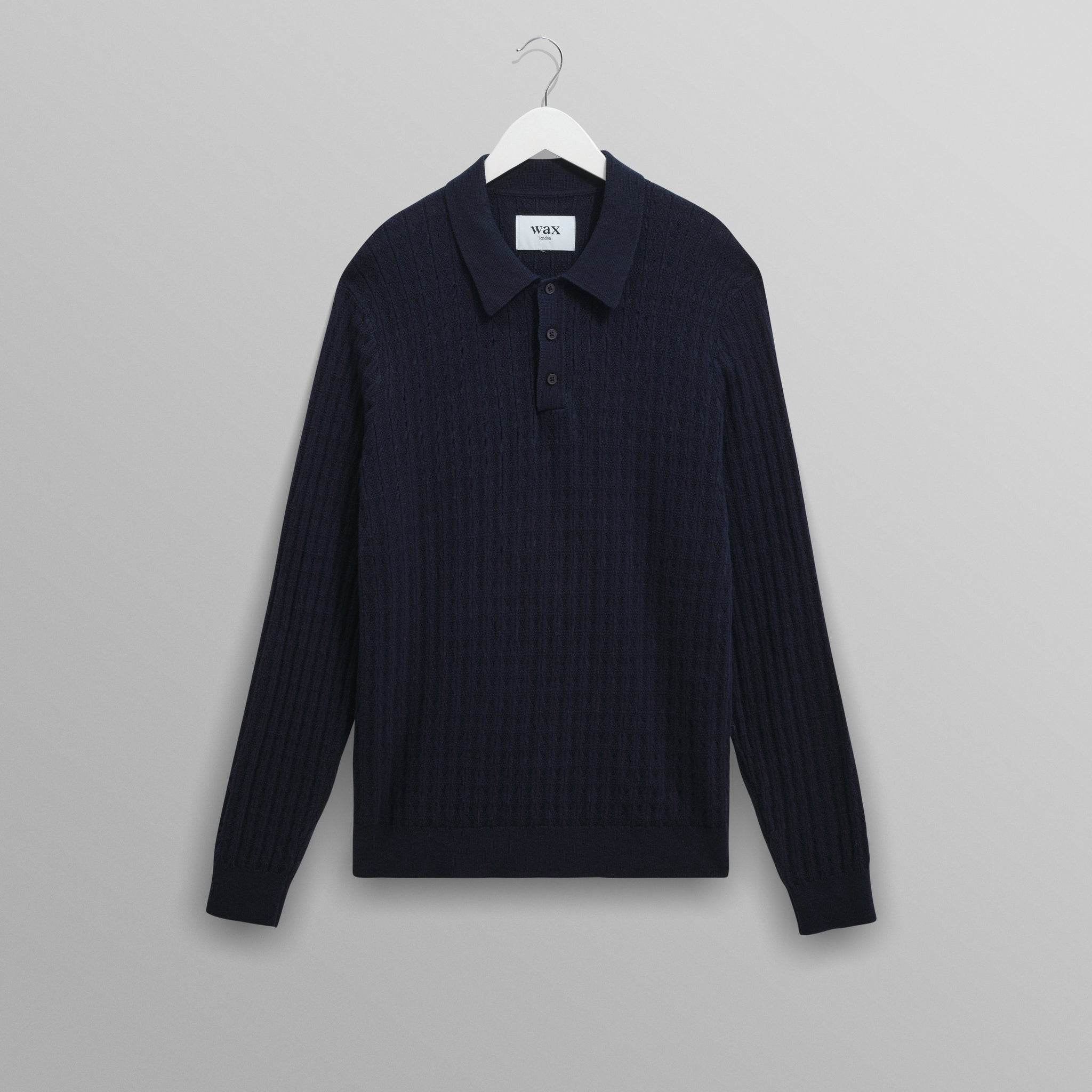 wax london men's Oban - Navy Diamond Stripe Knitted Polo