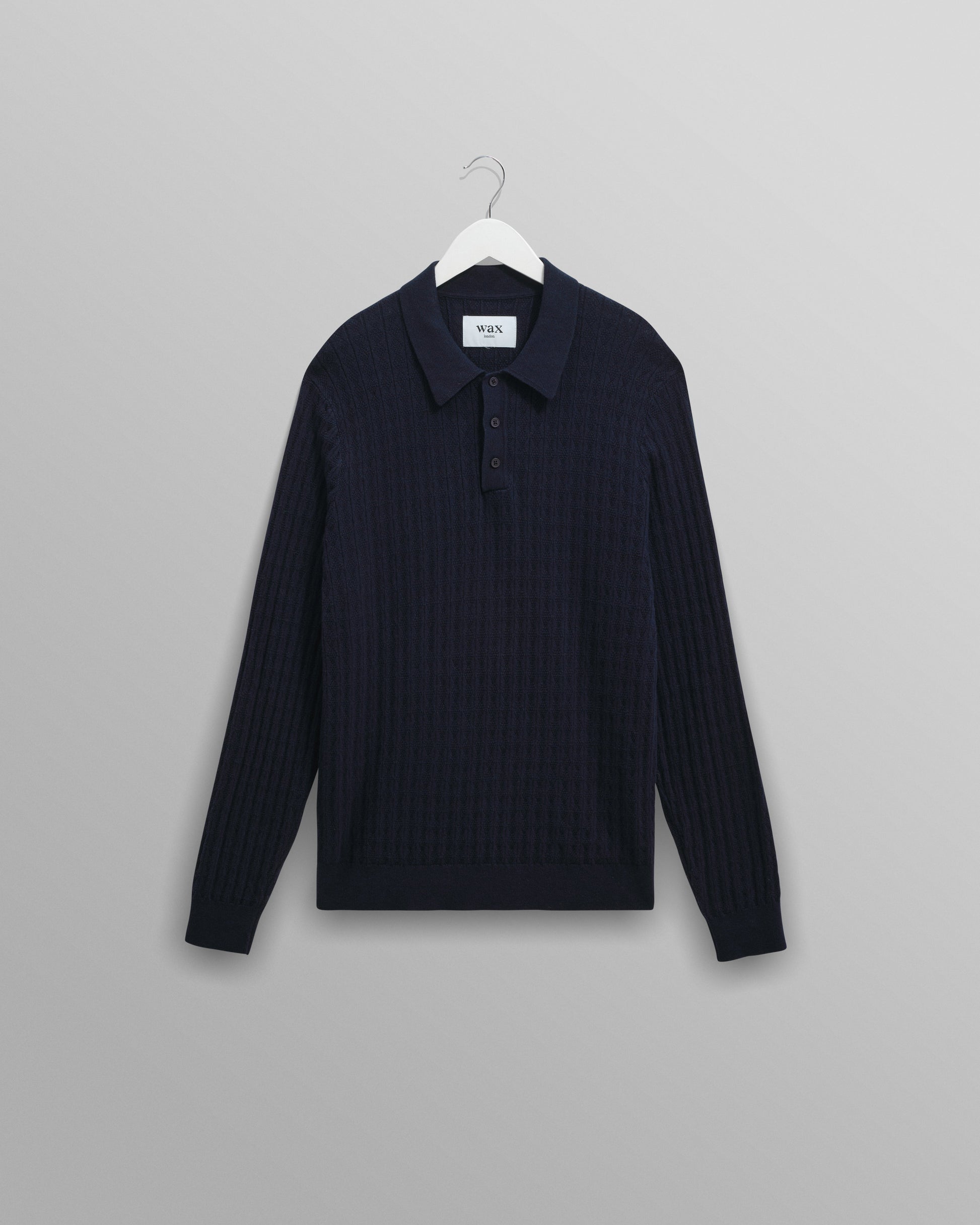 wax london men's Oban - Navy Diamond Stripe Knitted Polo
