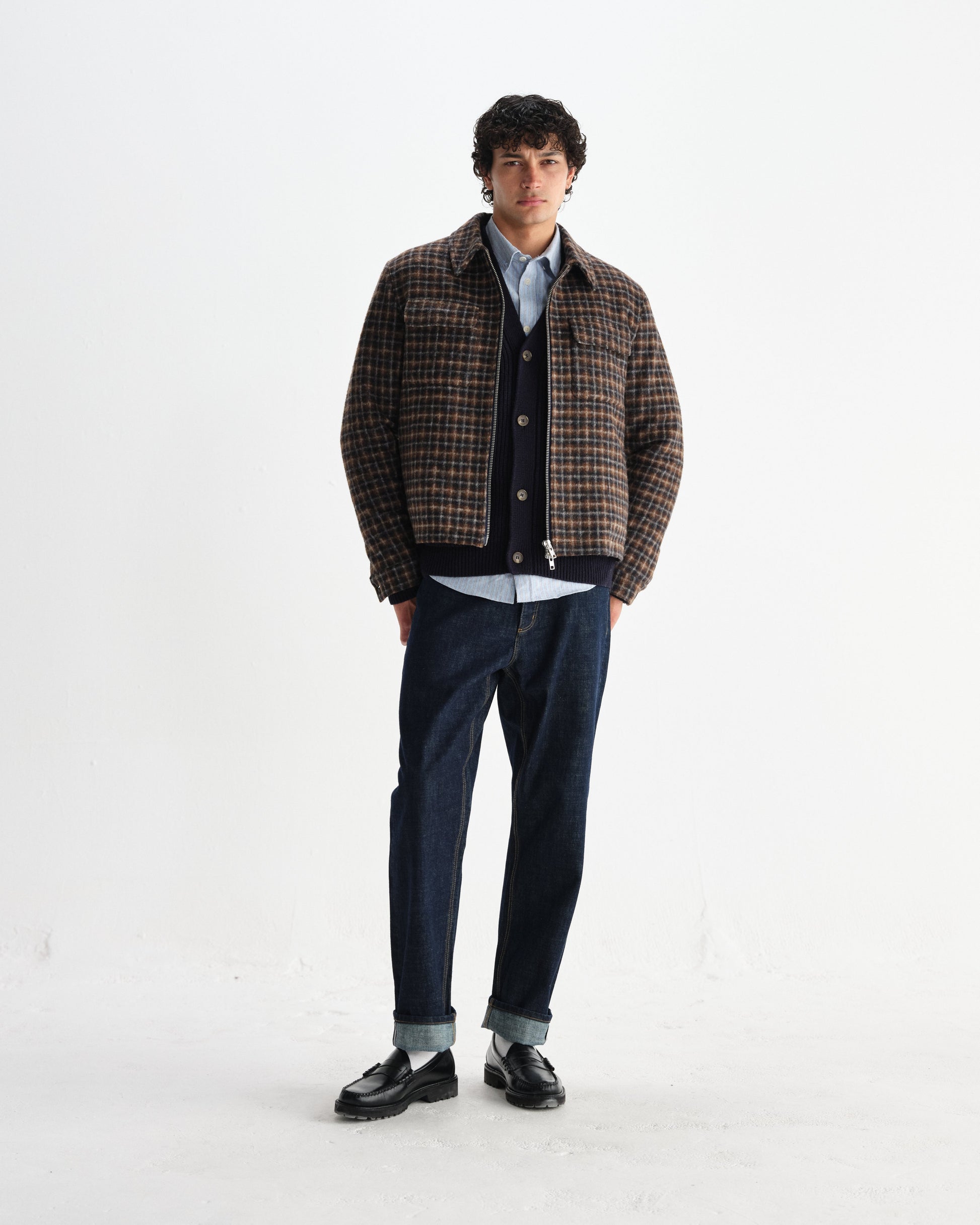 wax london men's Osier - Navy And Brown Drawn Check Jacket