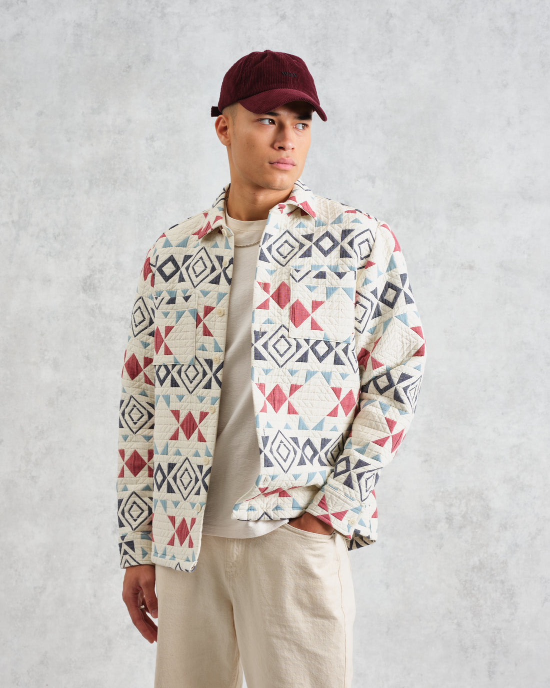 wax london men's Otto - Ecru And Red Quilted Overshirt